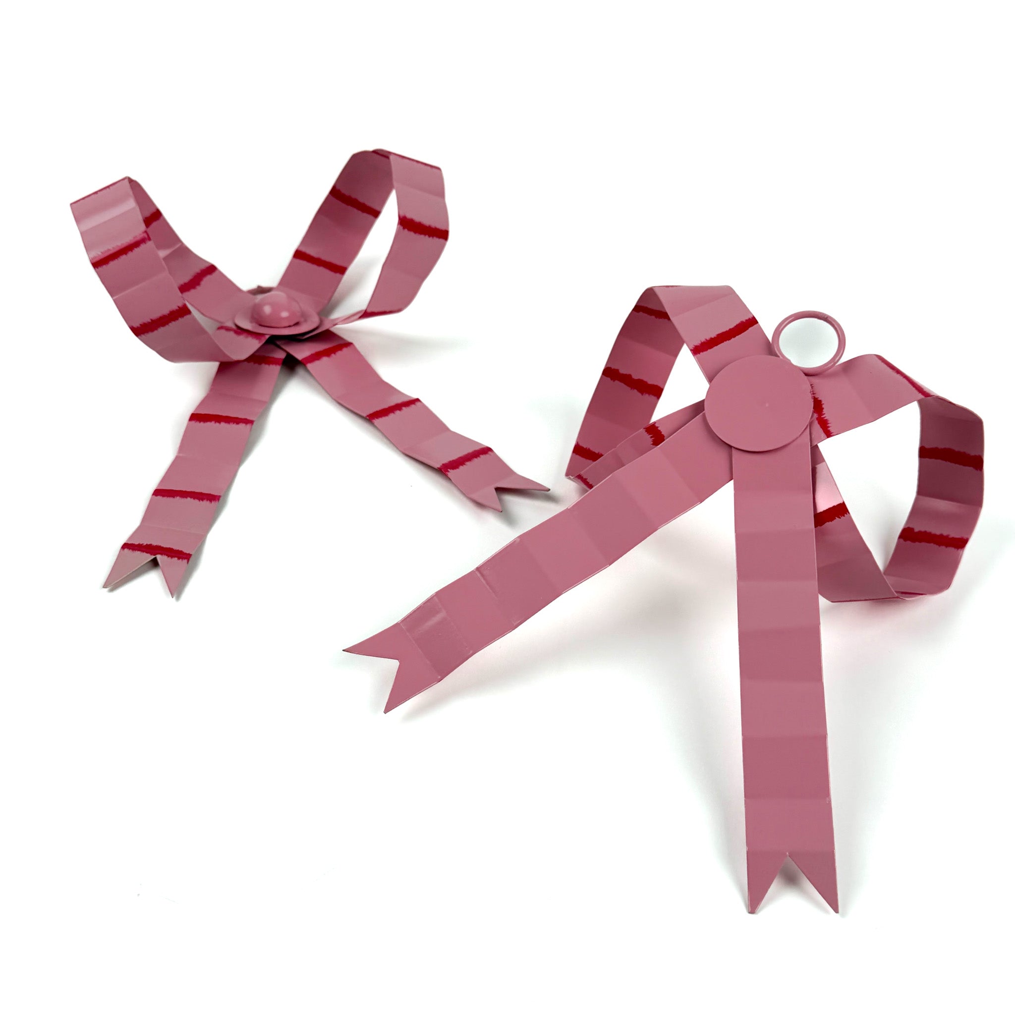 Hand-Painted Tole Small Bow Ornaments, Set of 2 - Pink and Red