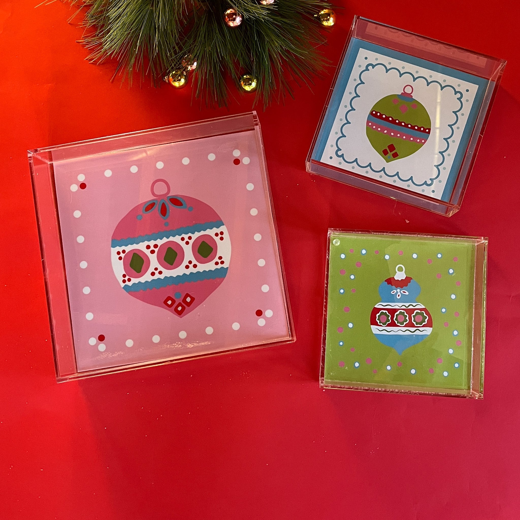 Christmas Ornament Green Square Acrylic Trays, 3 Sizes