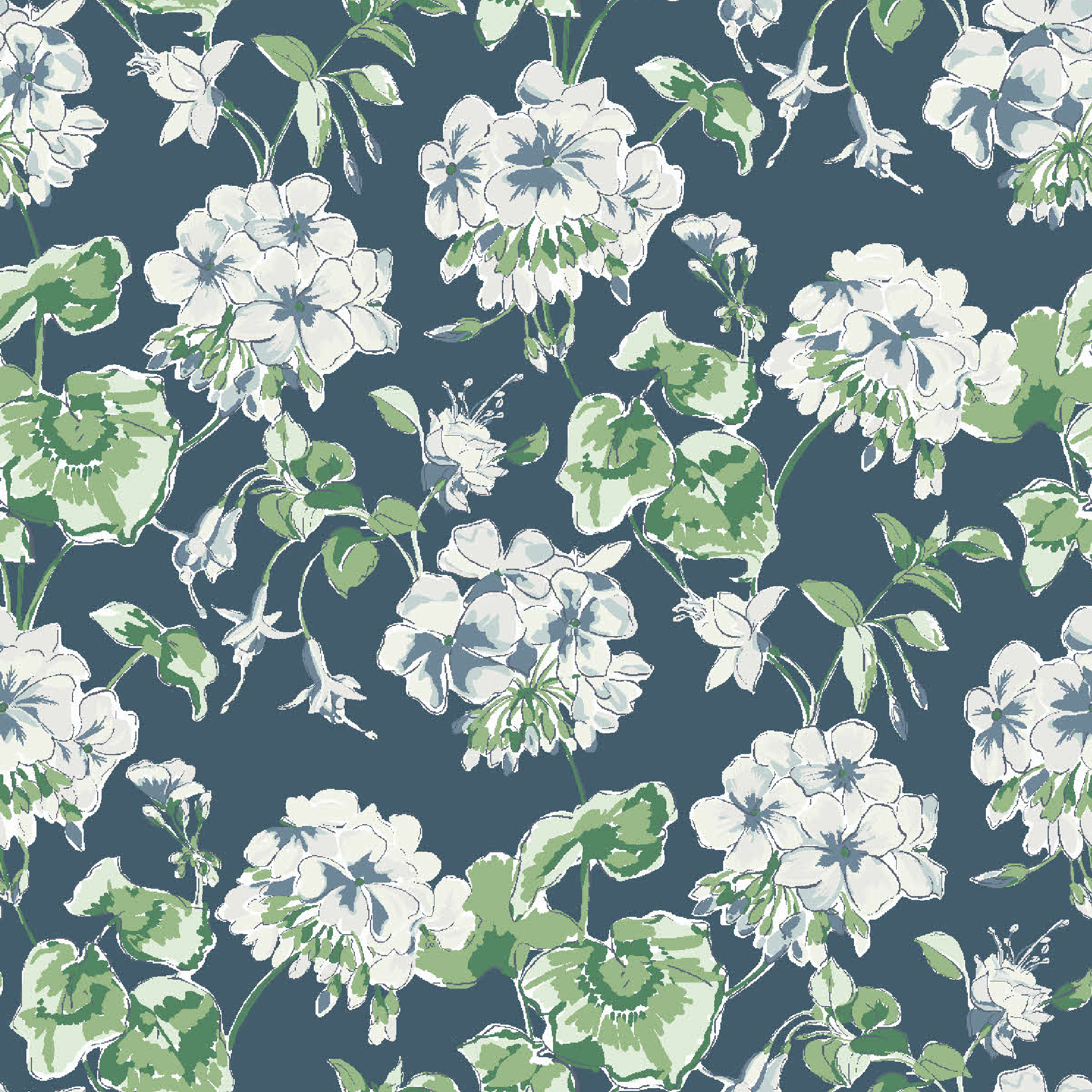 Cottage Grove Geranium Fabric - Lagoon Blue