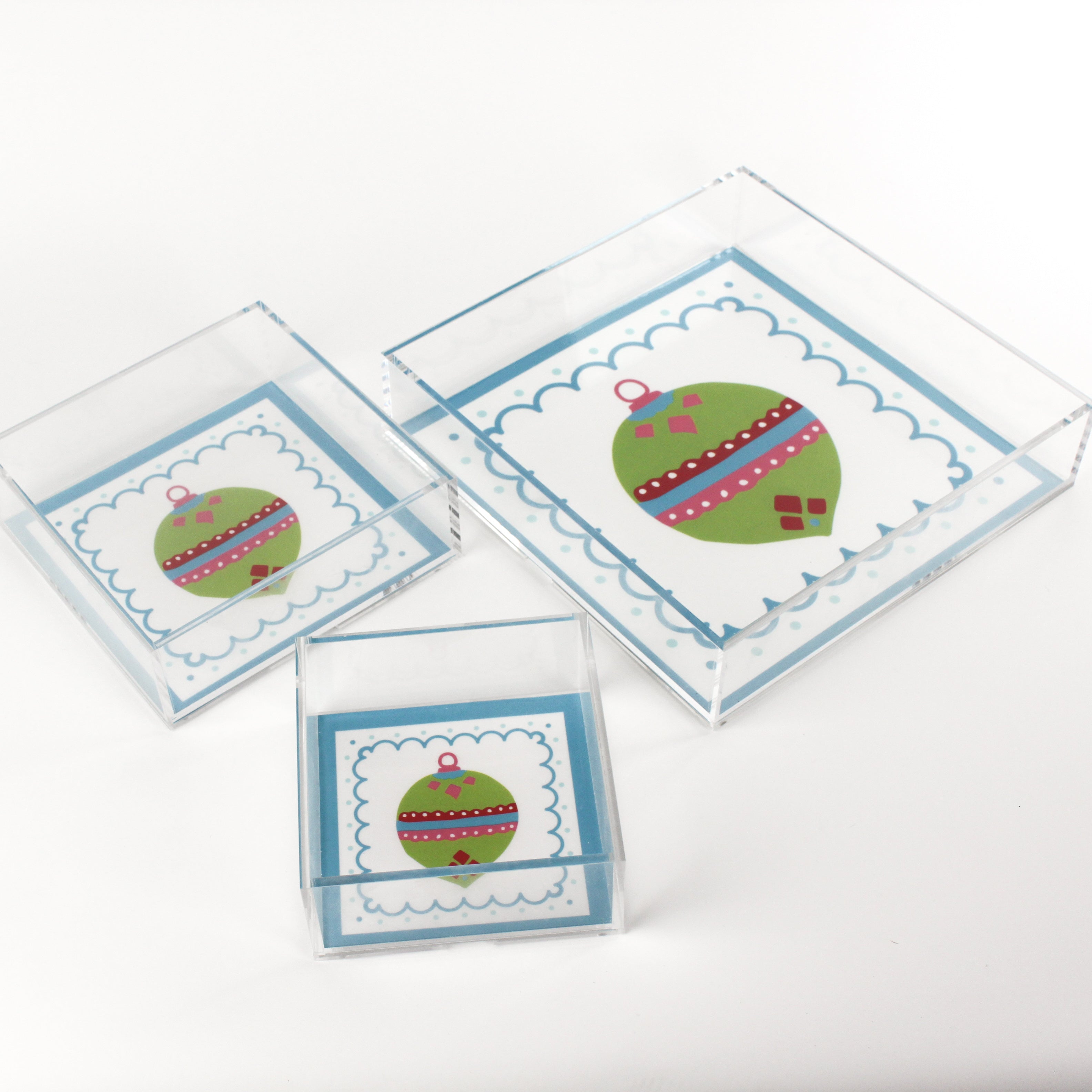 Christmas Ornament Green Square Acrylic Trays, 3 Sizes