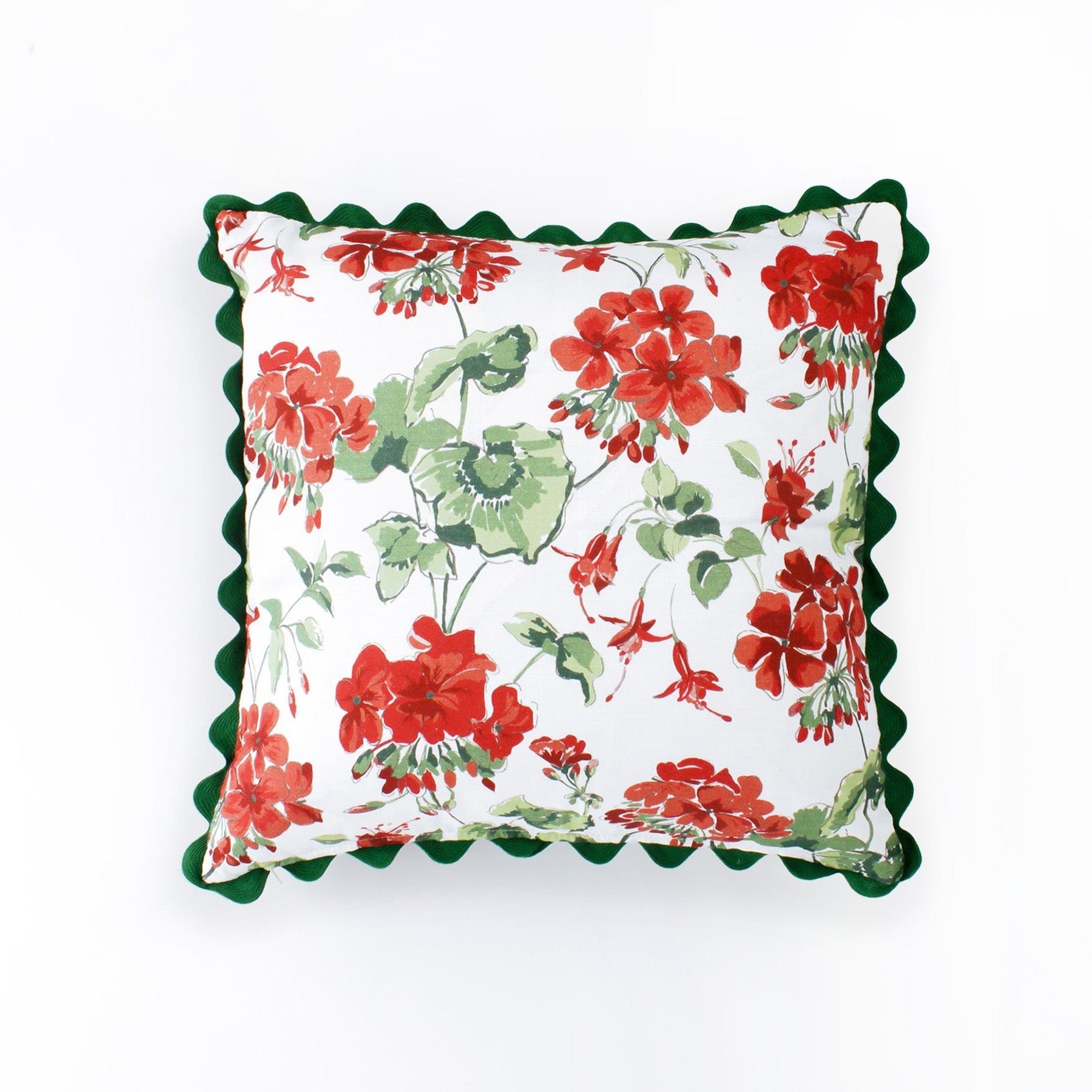 Cottage Grove Red Geranium Square Pillow with Ric Rac