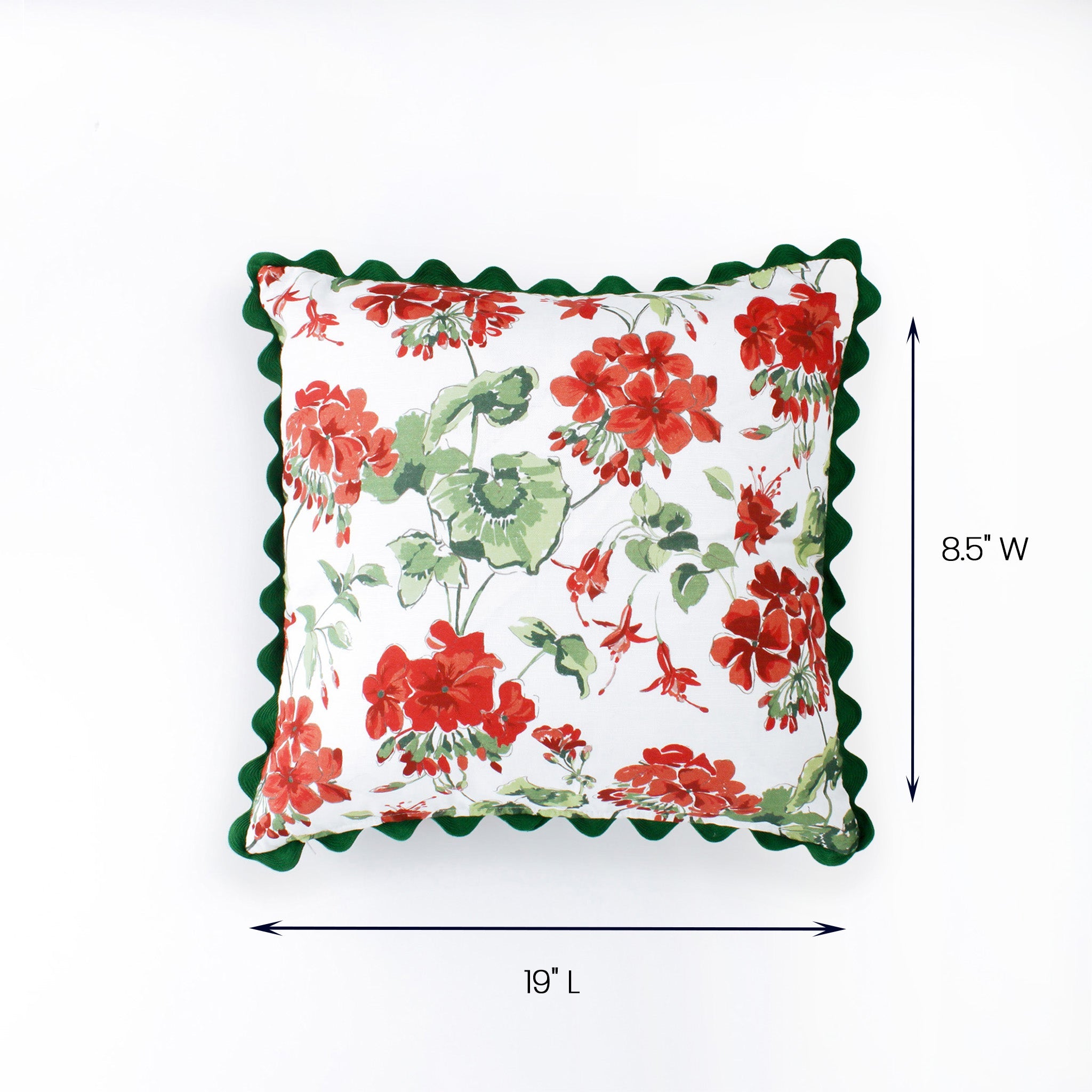 Cottage Grove Red Geranium Square Pillow with Ric Rac