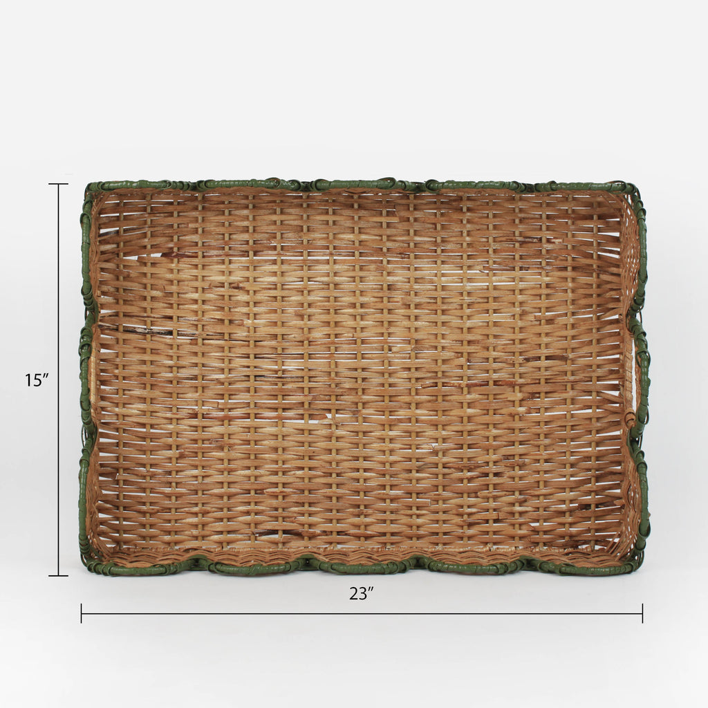 Scalloped Hand-Painted Rattan Tray - Green