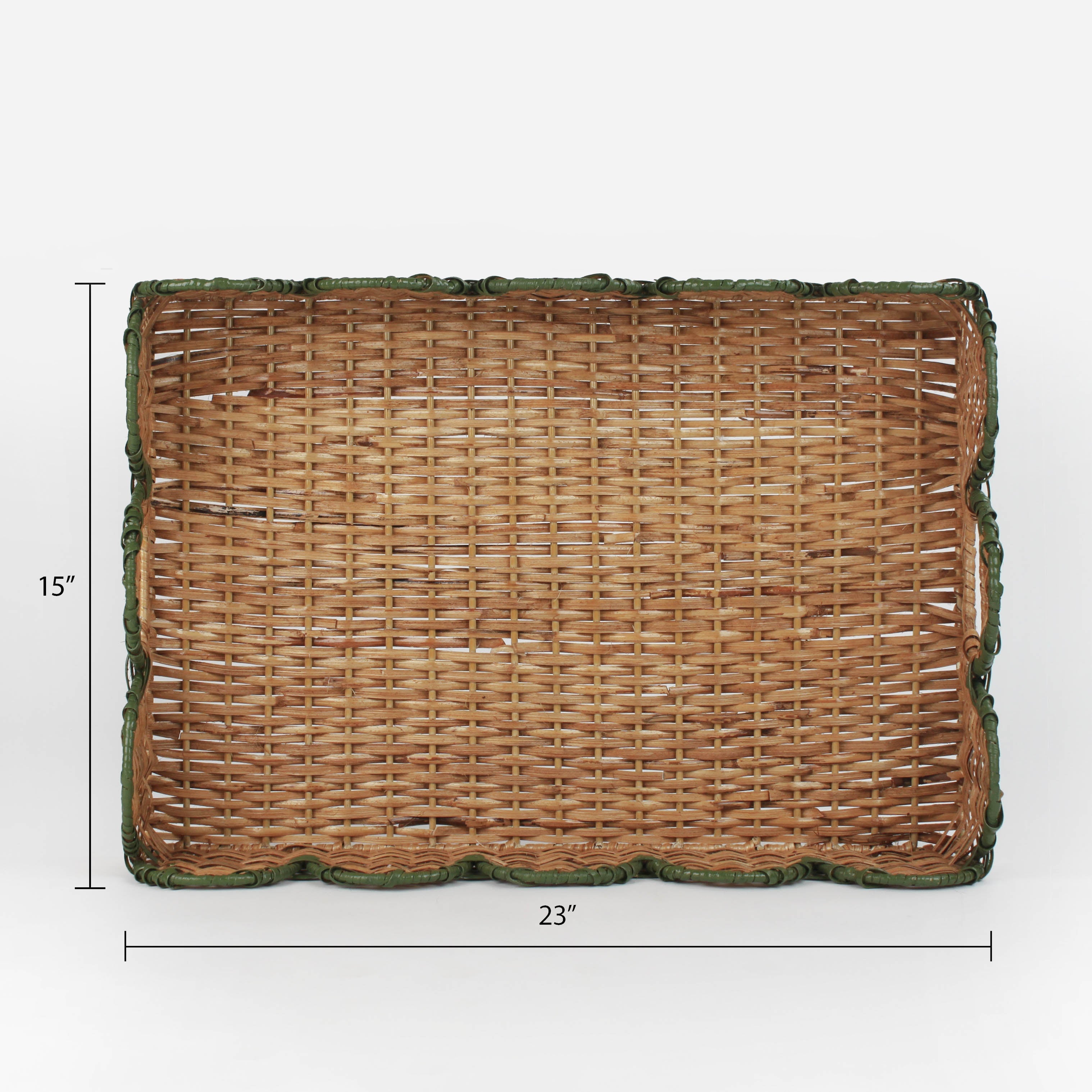 Scalloped Hand-Painted Rattan Tray - Green