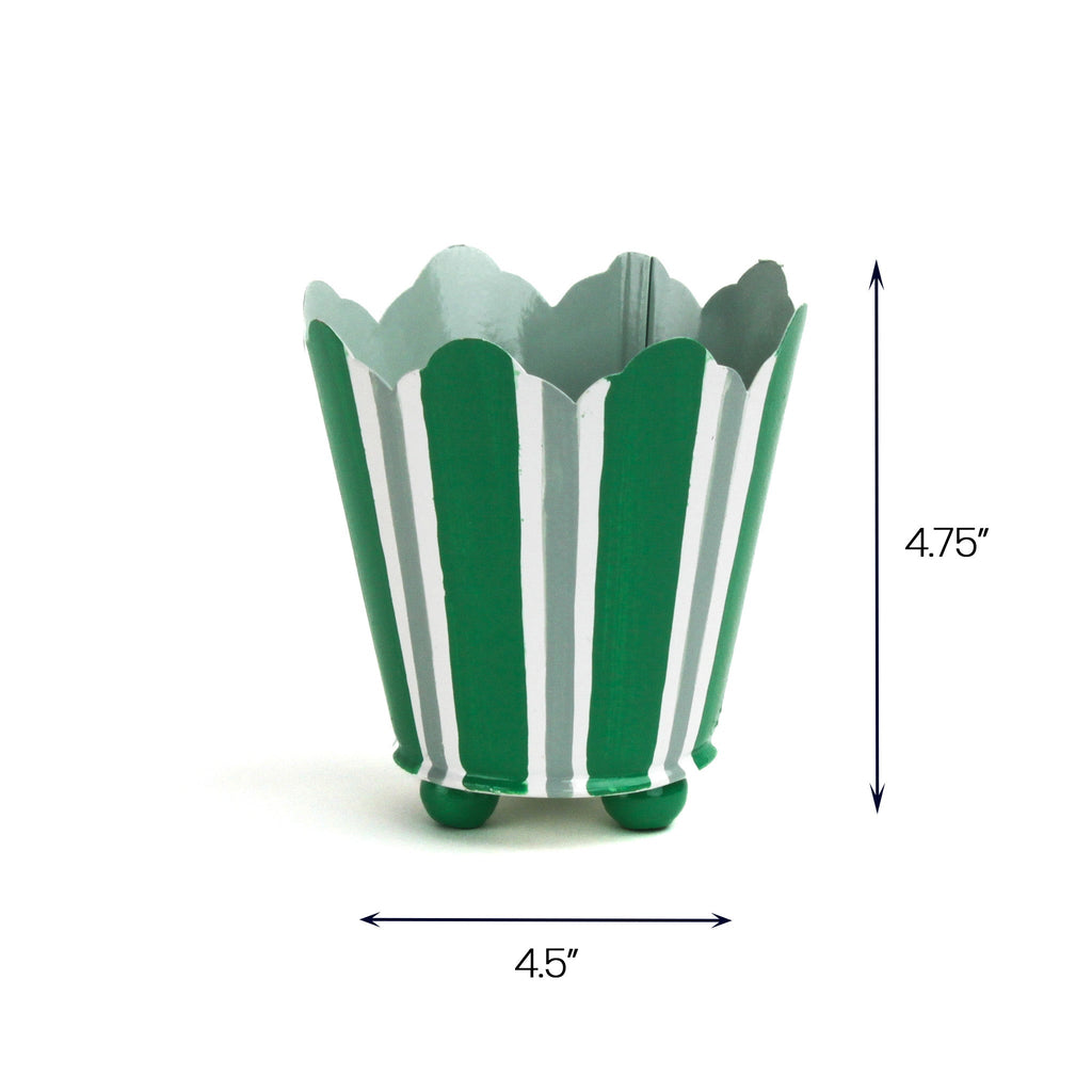 Hand-Painted Striped Scalloped Tole Cachepots - Green on Green