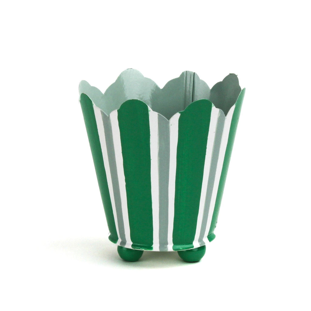 Hand-Painted Striped Scalloped Tole Cachepots - Green on Green