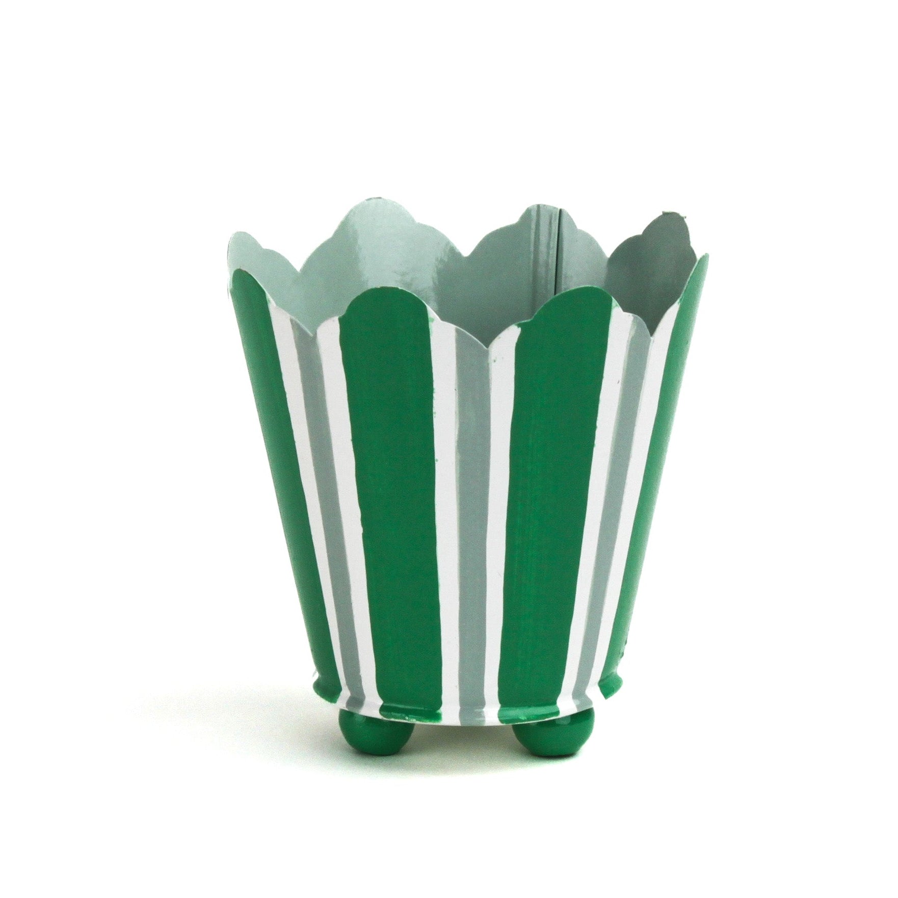Hand-Painted Striped Scalloped Tole Cachepots - Green on Green