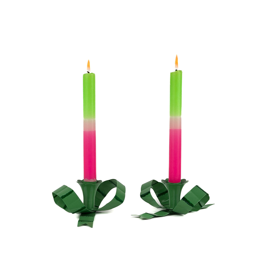 Hand-Painted Tole Metal Green Bow Candle Holders, Set of 2
