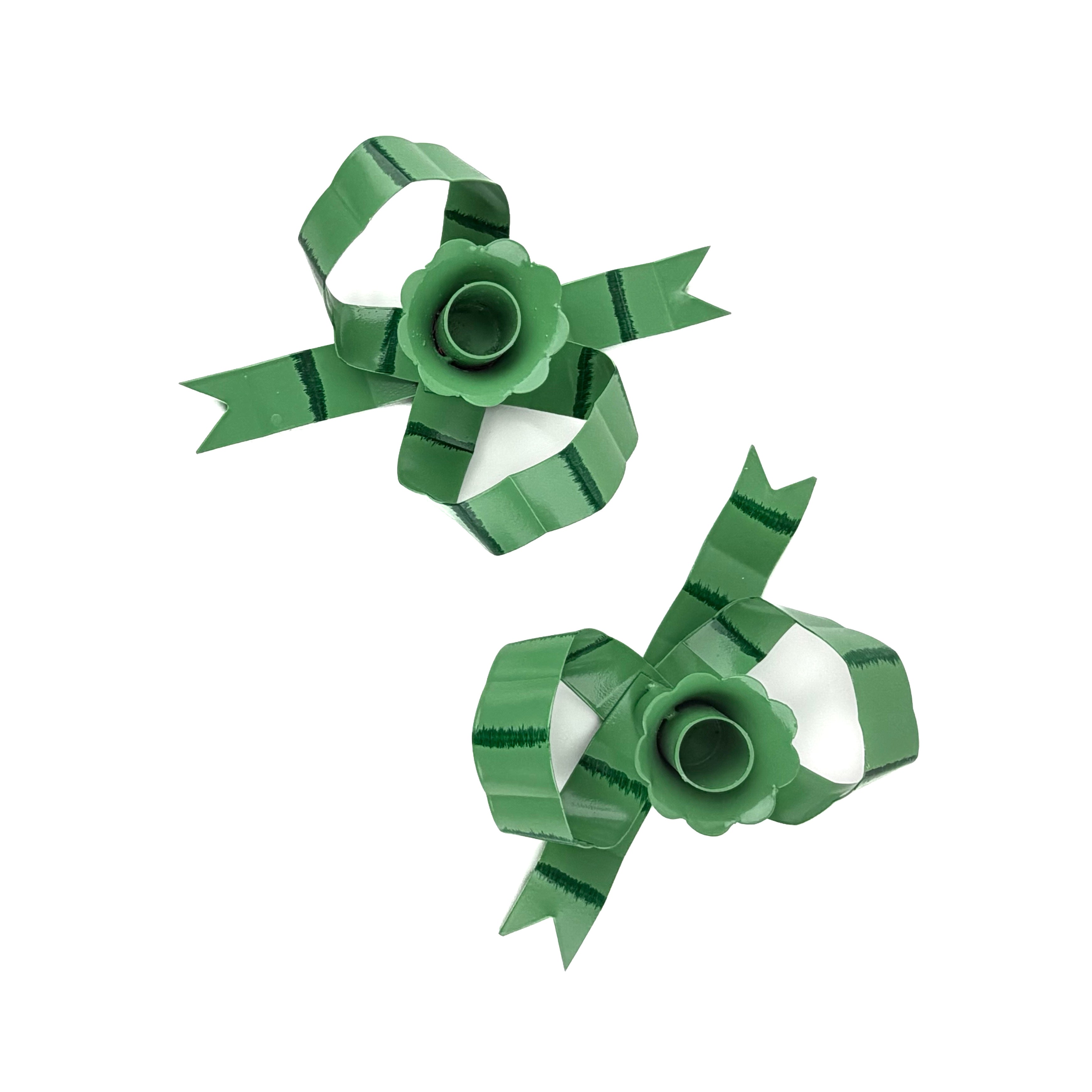Hand-Painted Tole Metal Green Bow Candle Holders, Set of 2
