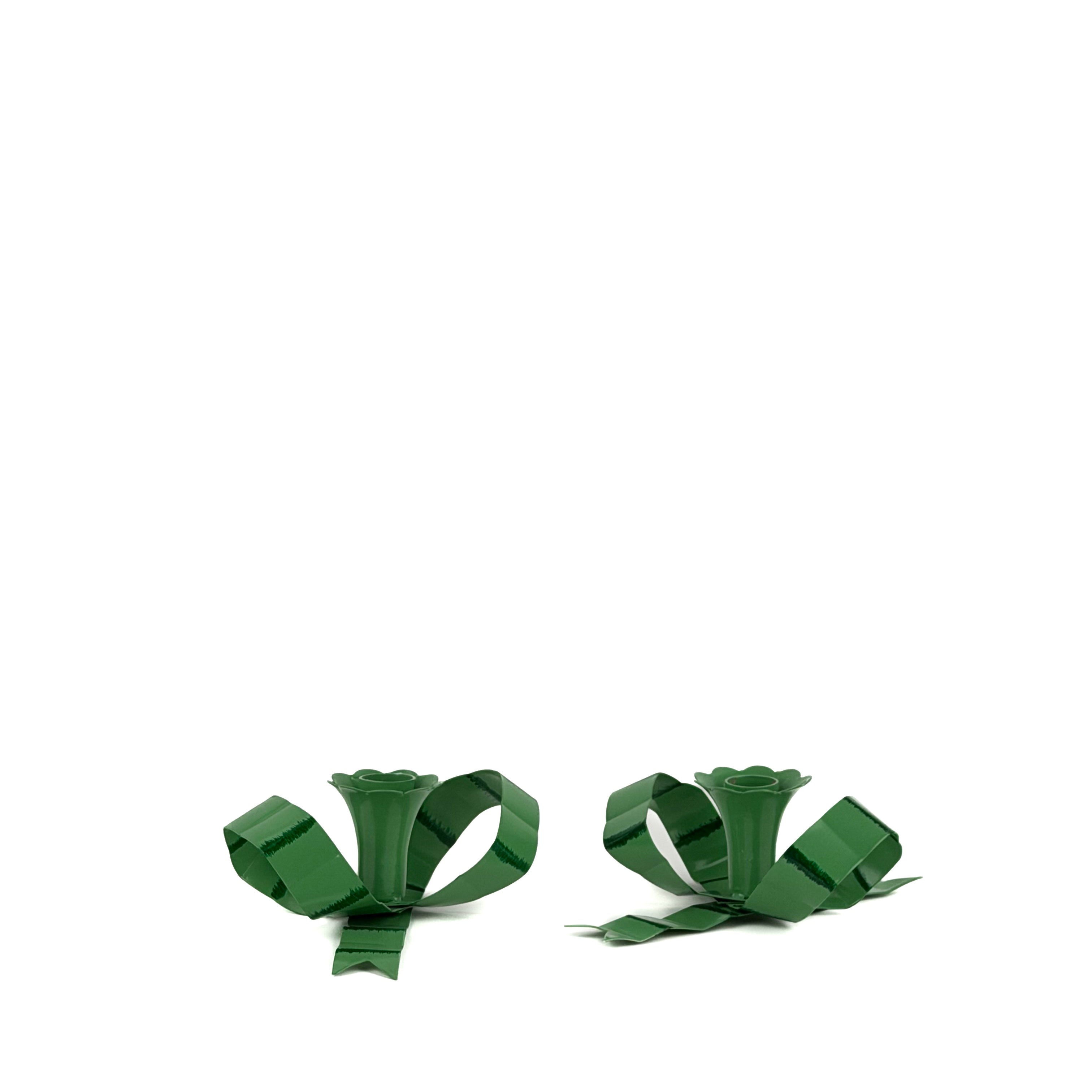 Hand-Painted Tole Metal Green Bow Candle Holders, Set of 2