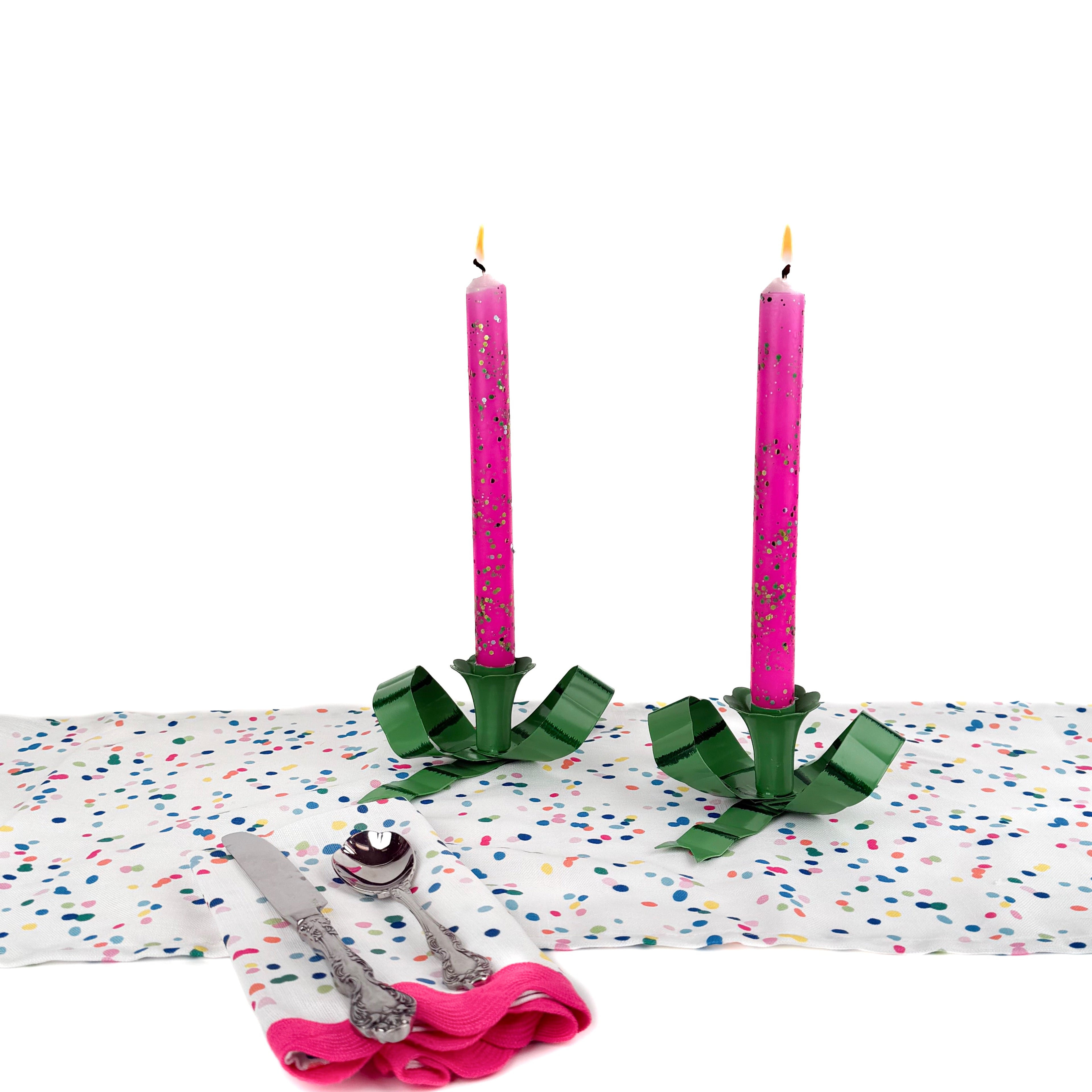 Hand-Painted Tole Metal Pink and Red Bow Candle Holders, Set of 2