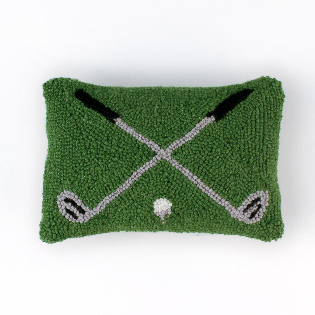 Hooked-Wool Crossed-Clubs Green Golf Pillow