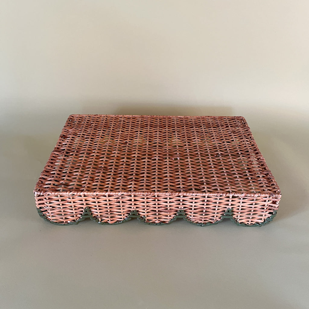 Scalloped Hand-Painted Rattan Tray - Green