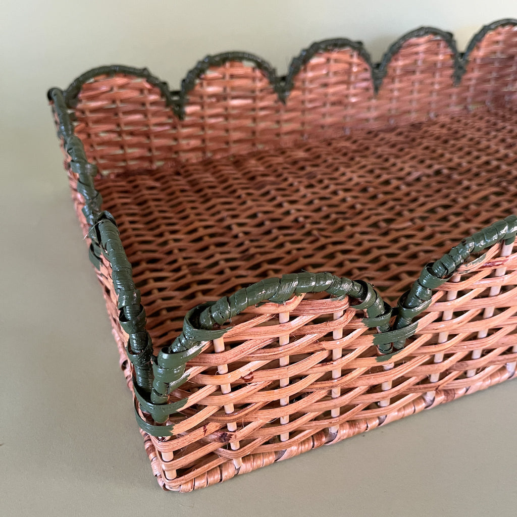 Scalloped Hand-Painted Rattan Tray - Green