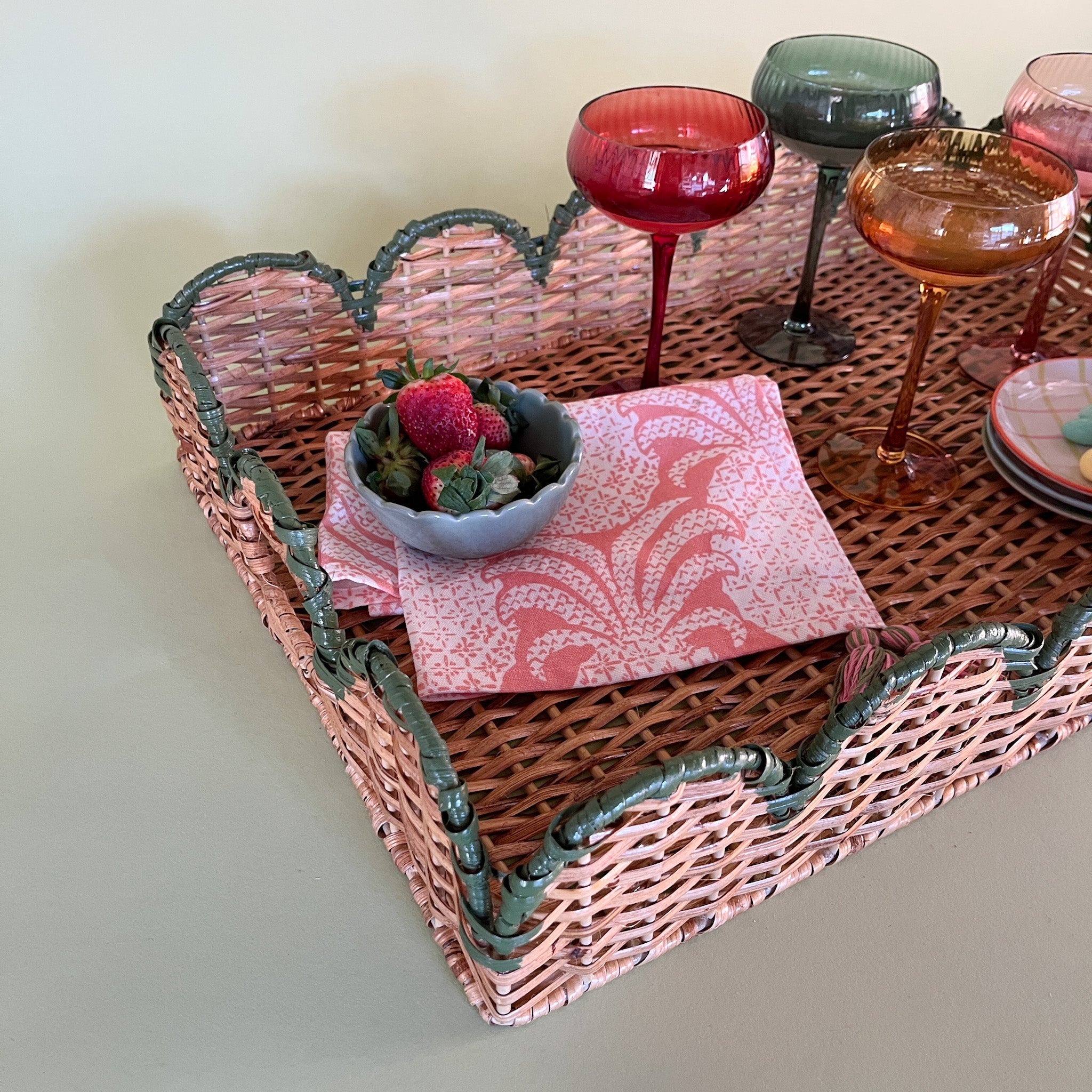 Scalloped Hand-Painted Rattan Tray - Green