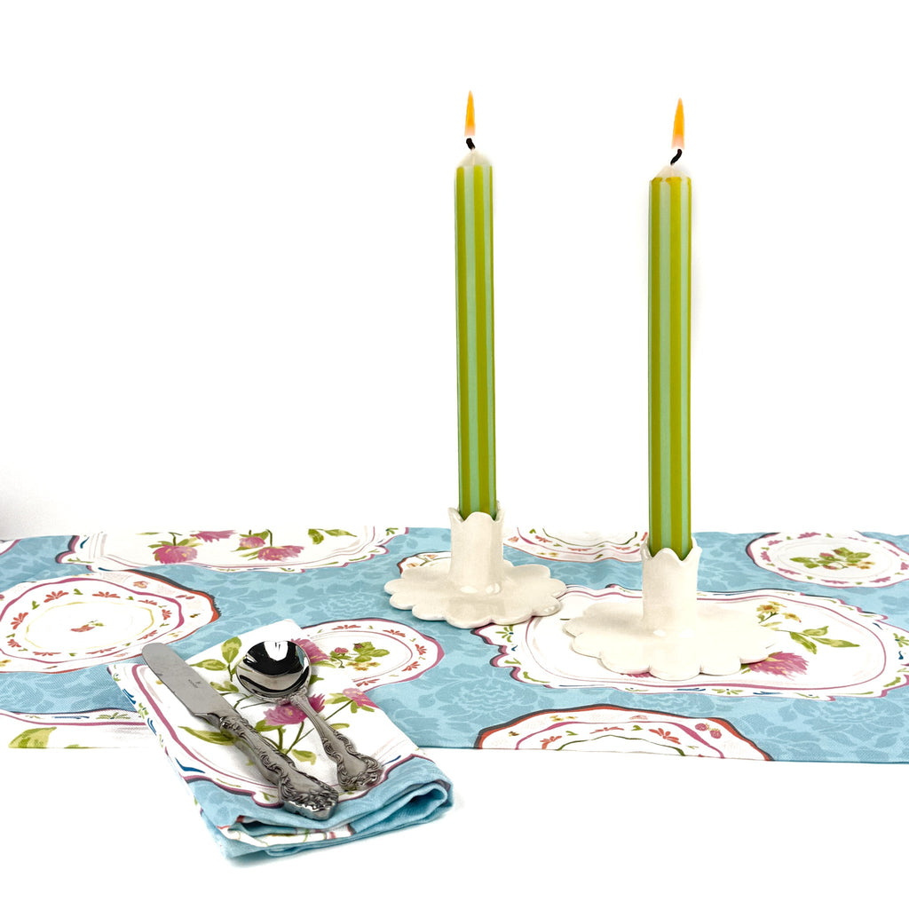 Green and Light Blue Pinstripe Taper Candles, Set of 4