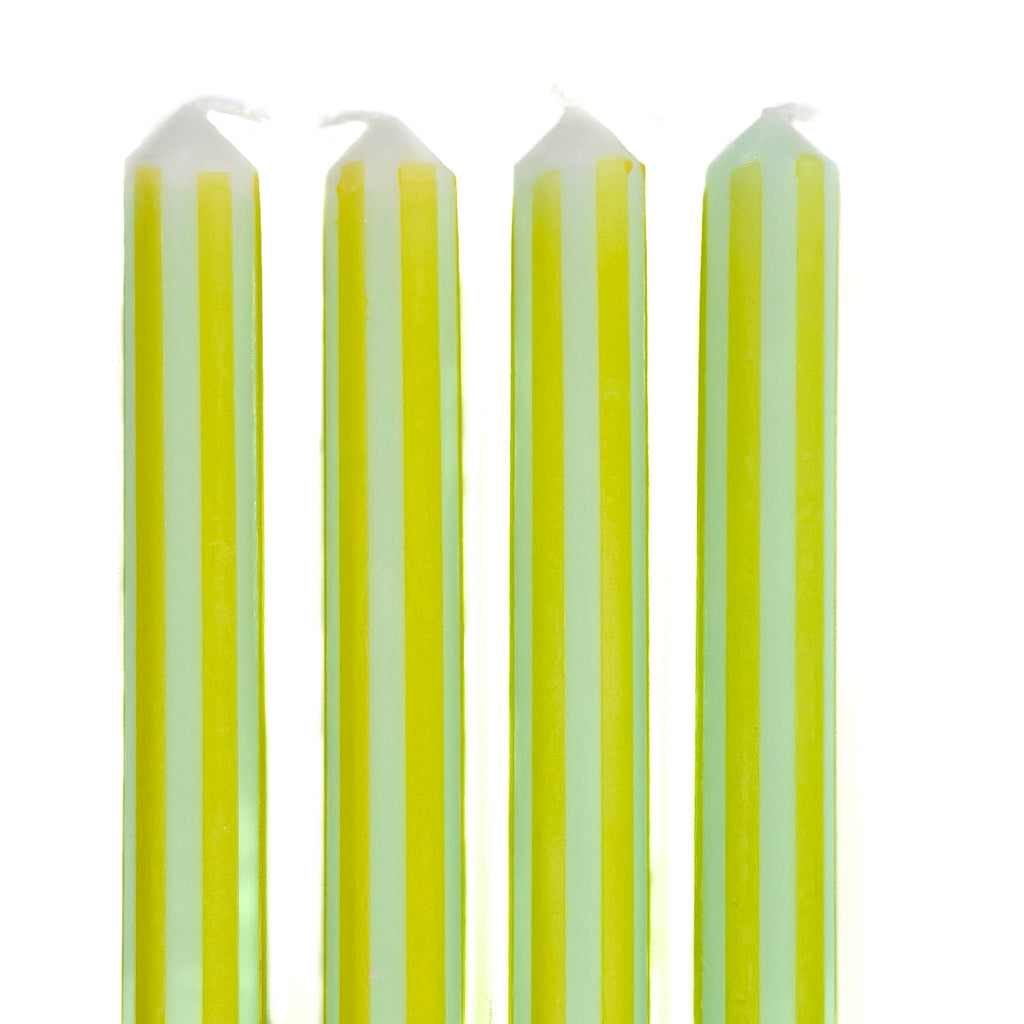Green and Light Blue Pinstripe Taper Candles, Set of 4