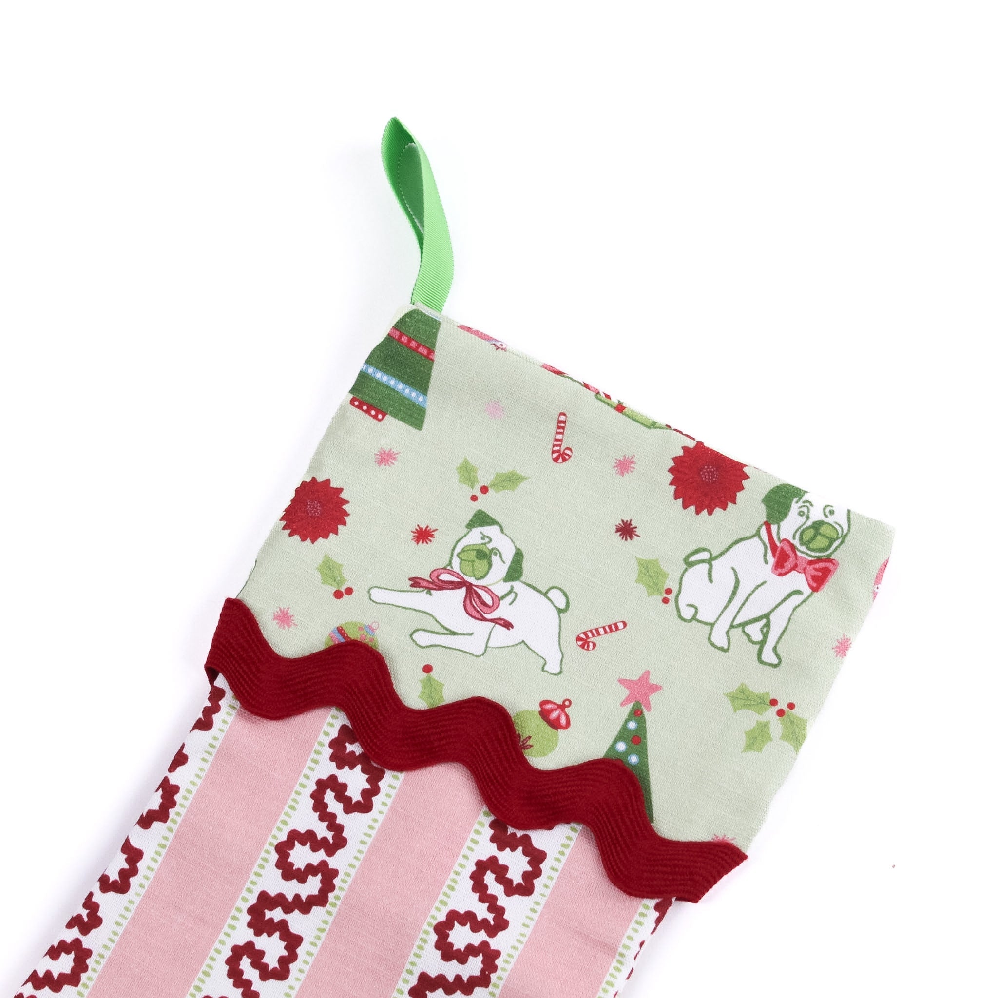 Harbor Trail Red with Pug Perfection Christmas Stocking with Ric Rac