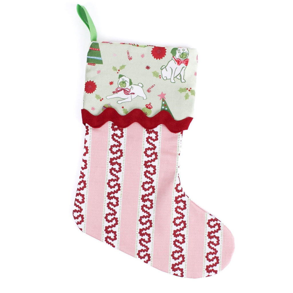 Harbor Trail Red with Pug Perfection Christmas Stocking with Ric Rac