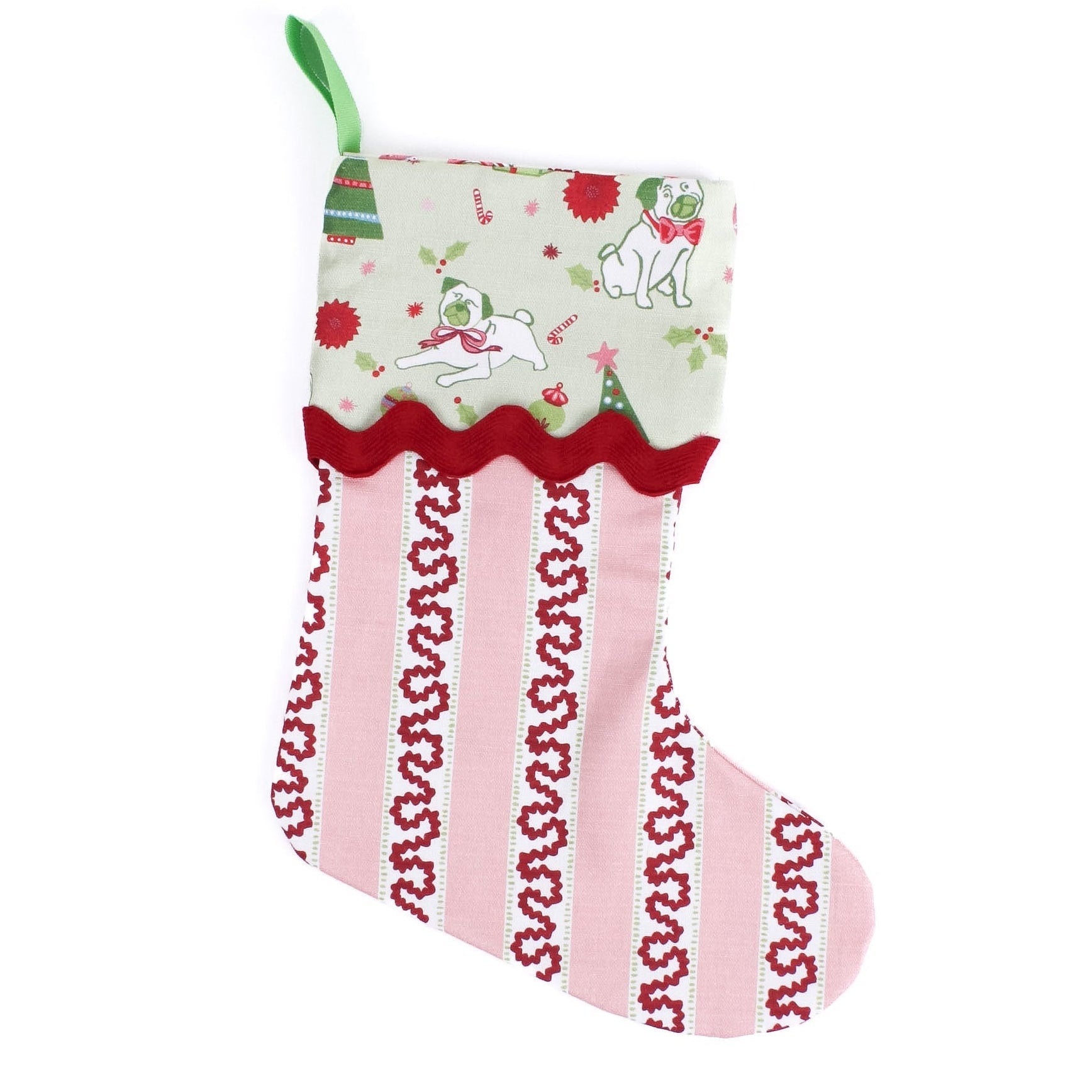 Harbor Trail Red with Pug Perfection Christmas Stocking with Ric Rac