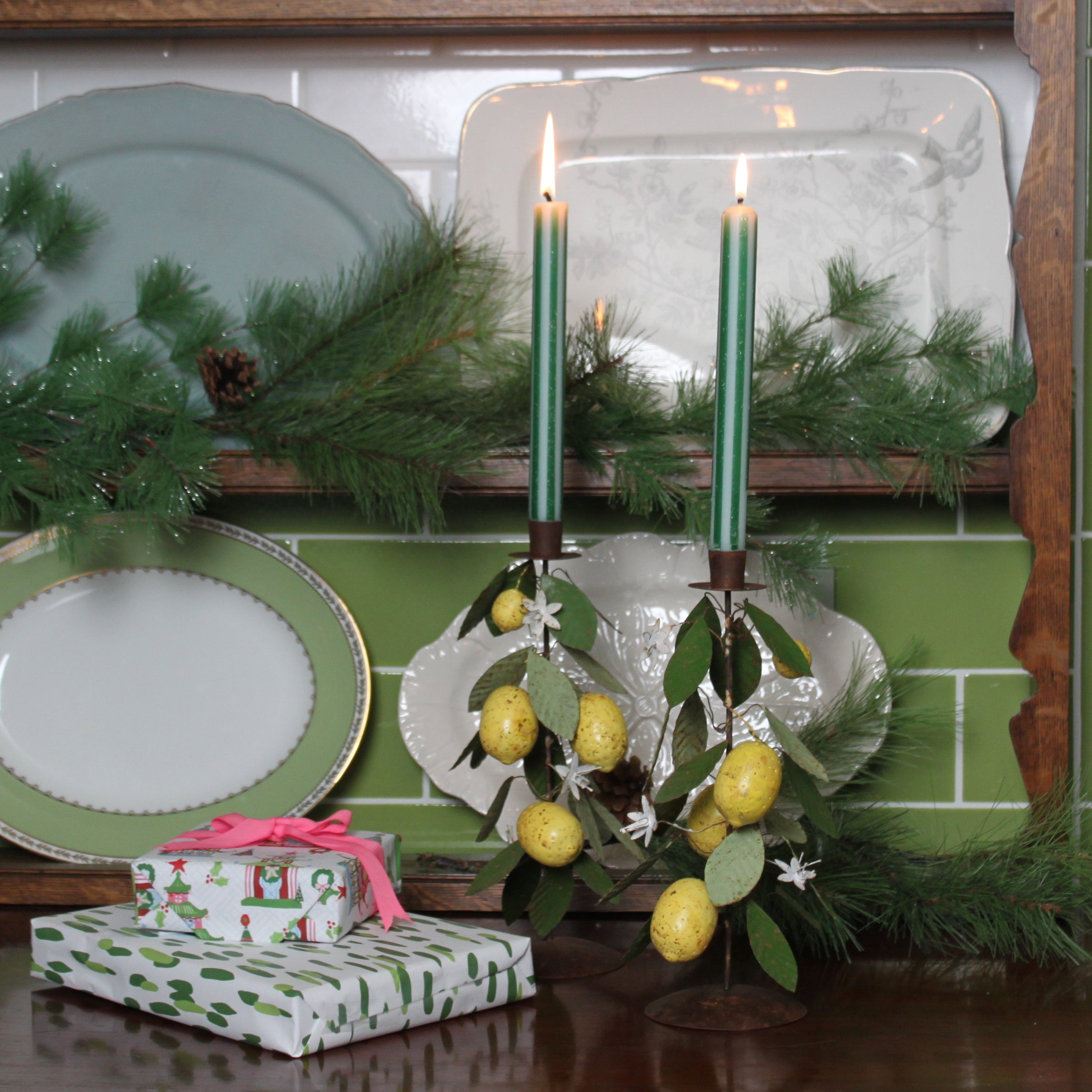 Hand-Painted Metal Lemon Candle Holders, Set of 2