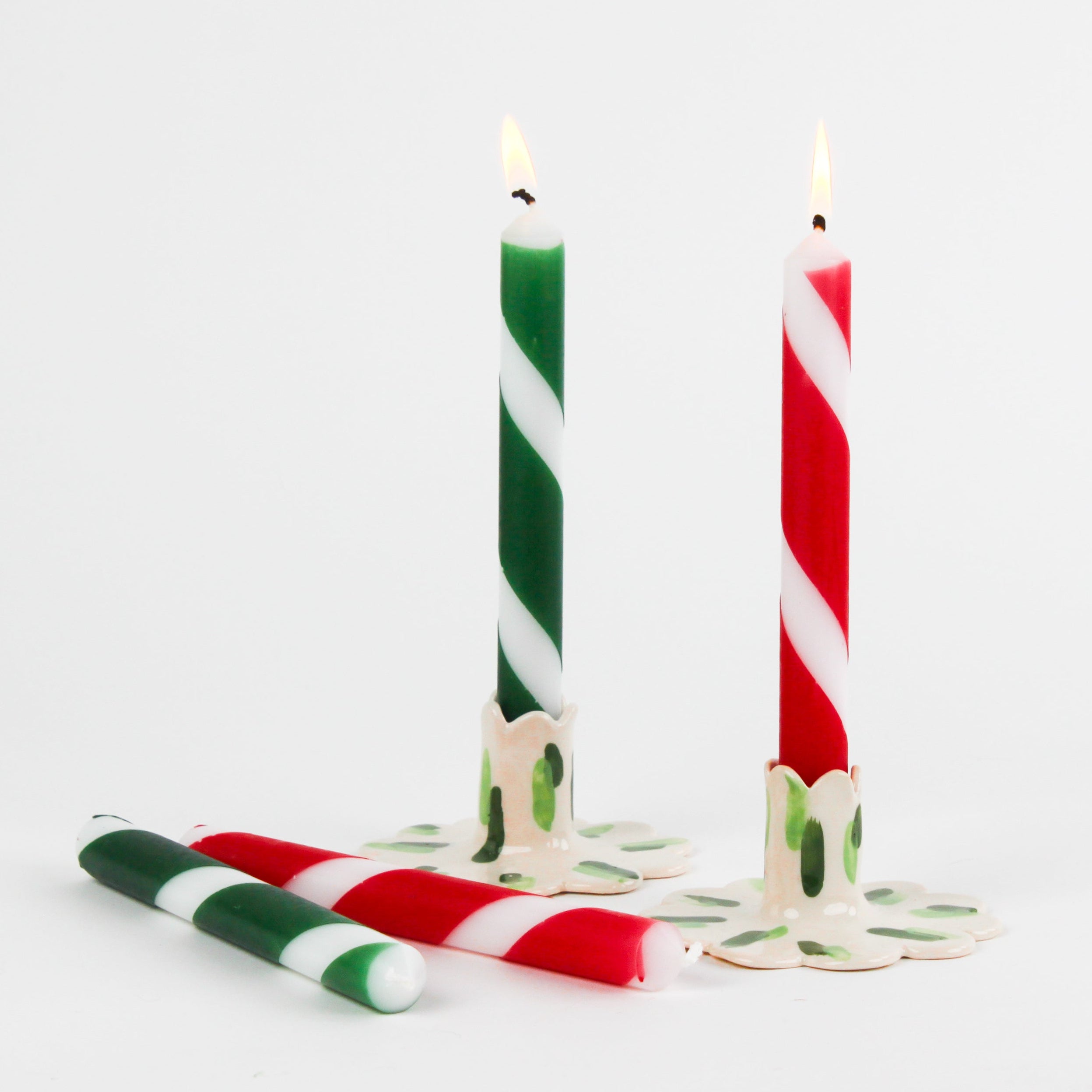 Red and Green Striped Taper Candles, Set of 4