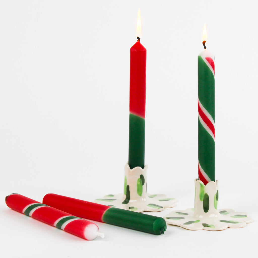 Red and Green Varied Stripes Taper Candles, Set of 4