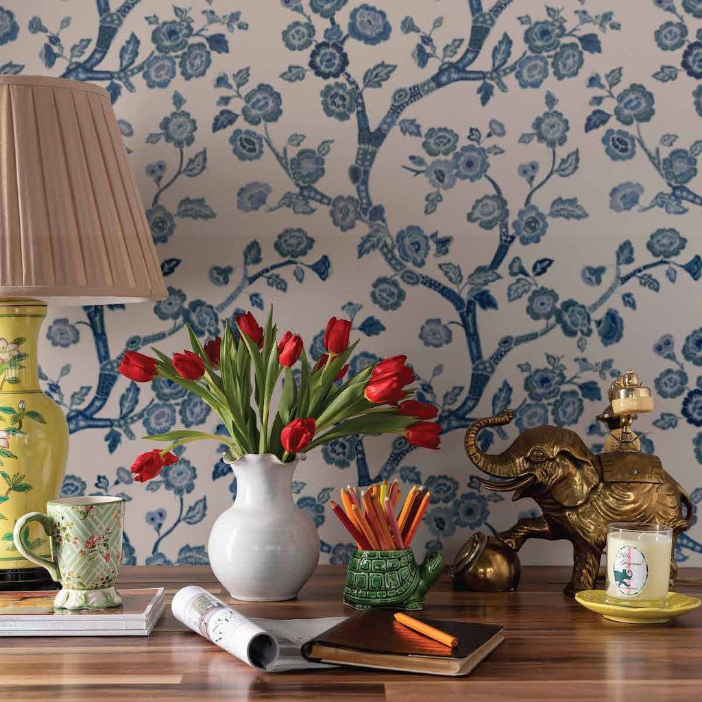 Temple Garden Unpasted Chinoiserie Wallpaper - All Over Blue