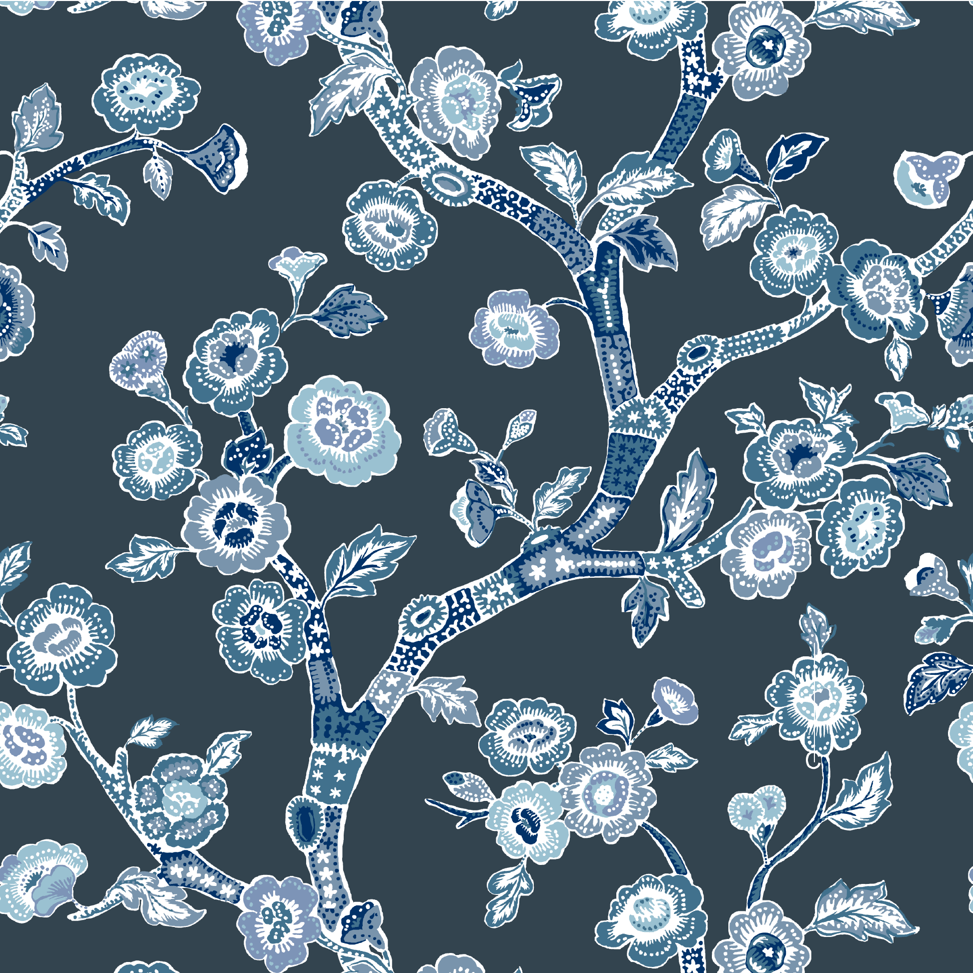 Temple Garden Chinoiserie Fabric - Navy Blue