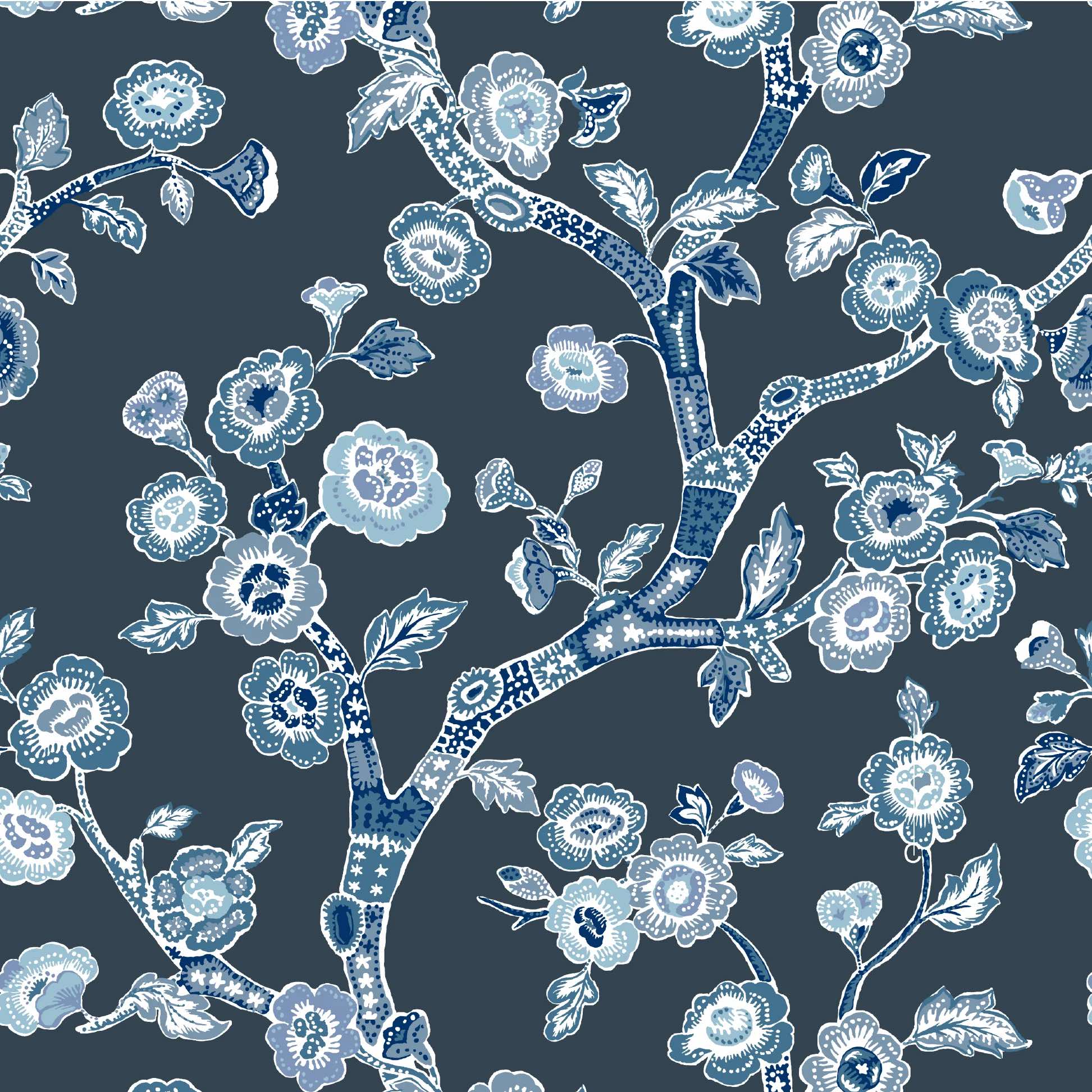 Temple Garden Unpasted Chinoiserie Wallpaper - Navy Blue