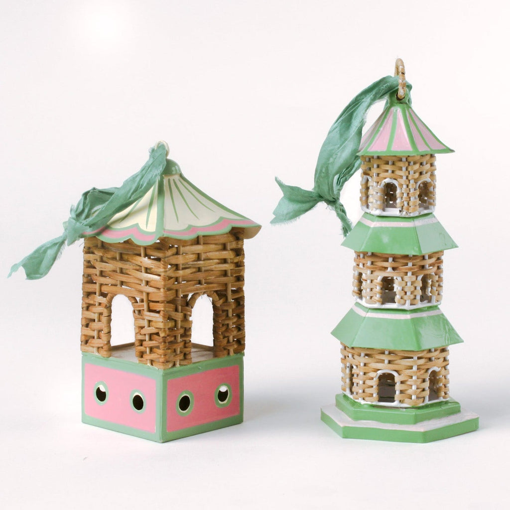 Hand-Painted Rattan Pagoda Ornaments, Set of 2