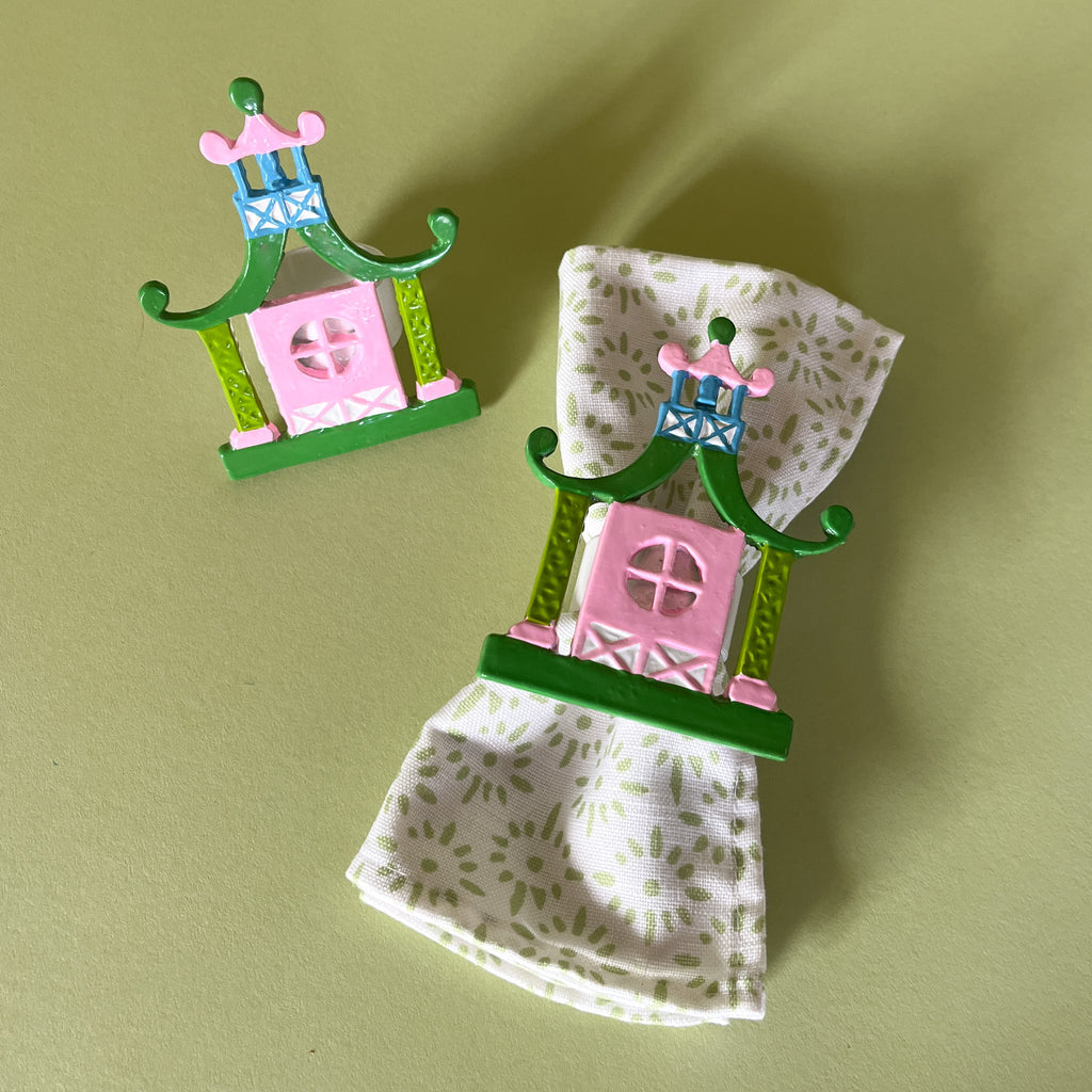 Pagoda Hand-Painted Metal Chinoiserie Napkin Rings, Set of 4