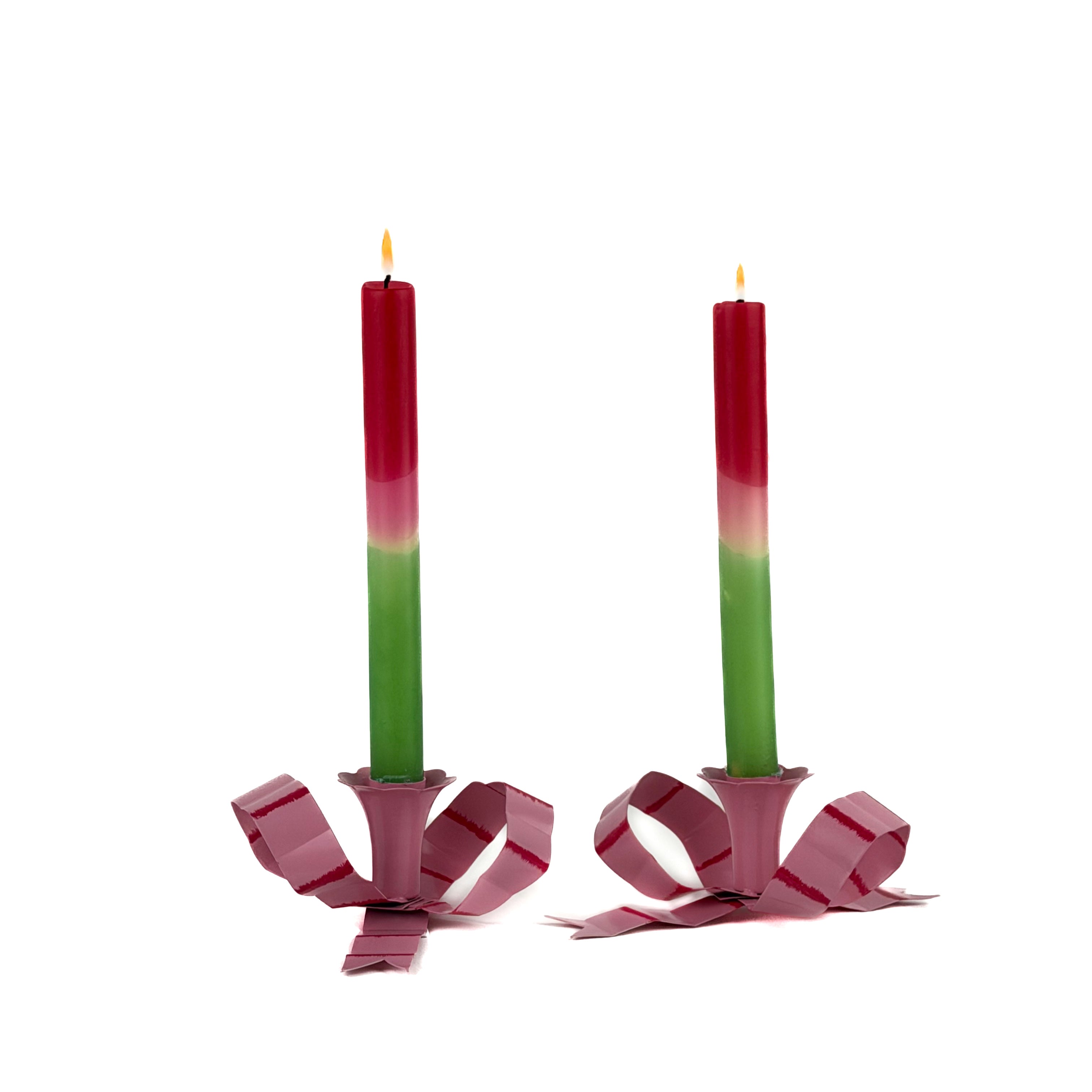 Hand-Painted Tole Metal Pink and Red Bow Candle Holders, Set of 2