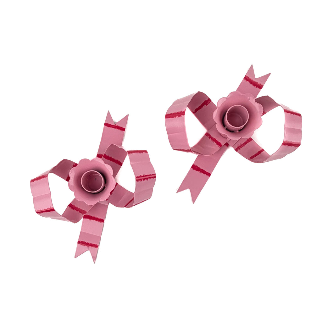 Hand-Painted Tole Metal Pink and Red Bow Candle Holders, Set of 2