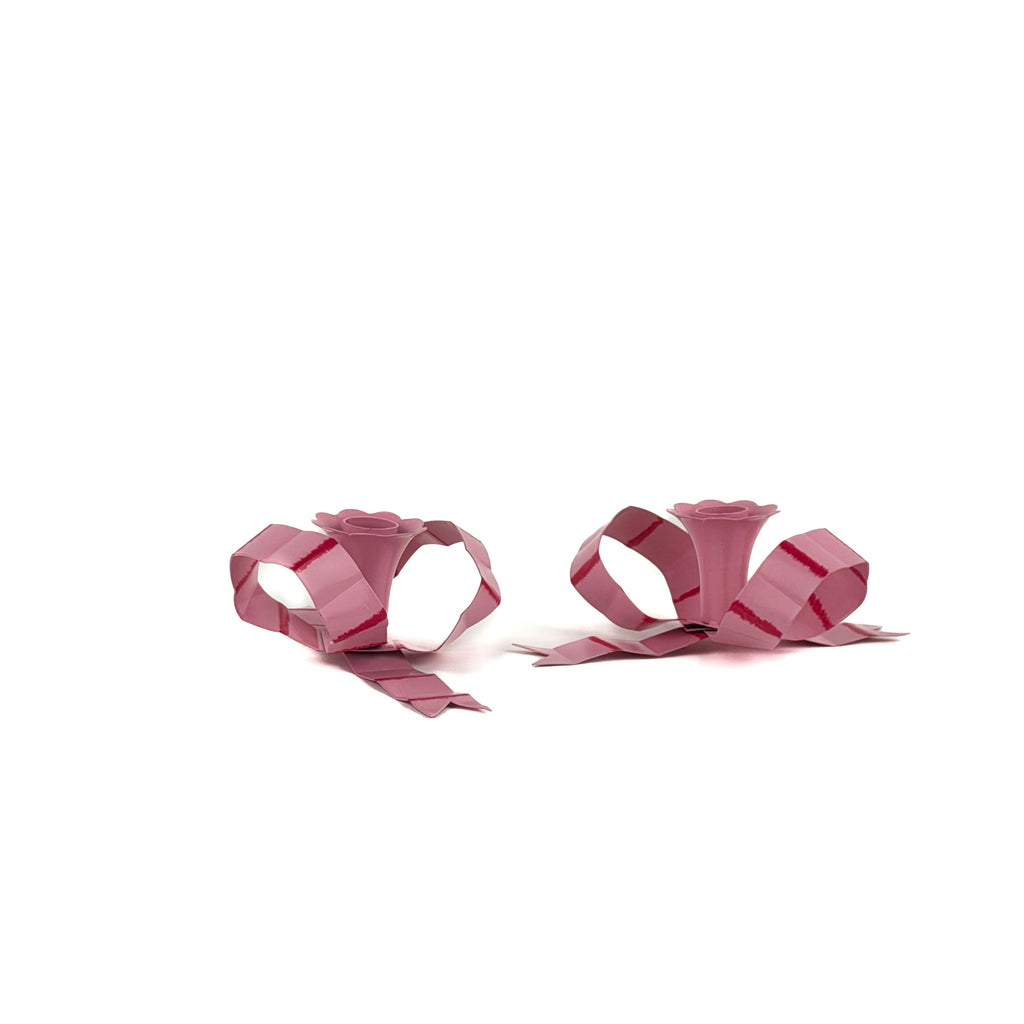 Hand-Painted Tole Metal Pink and Red Bow Candle Holders, Set of 2