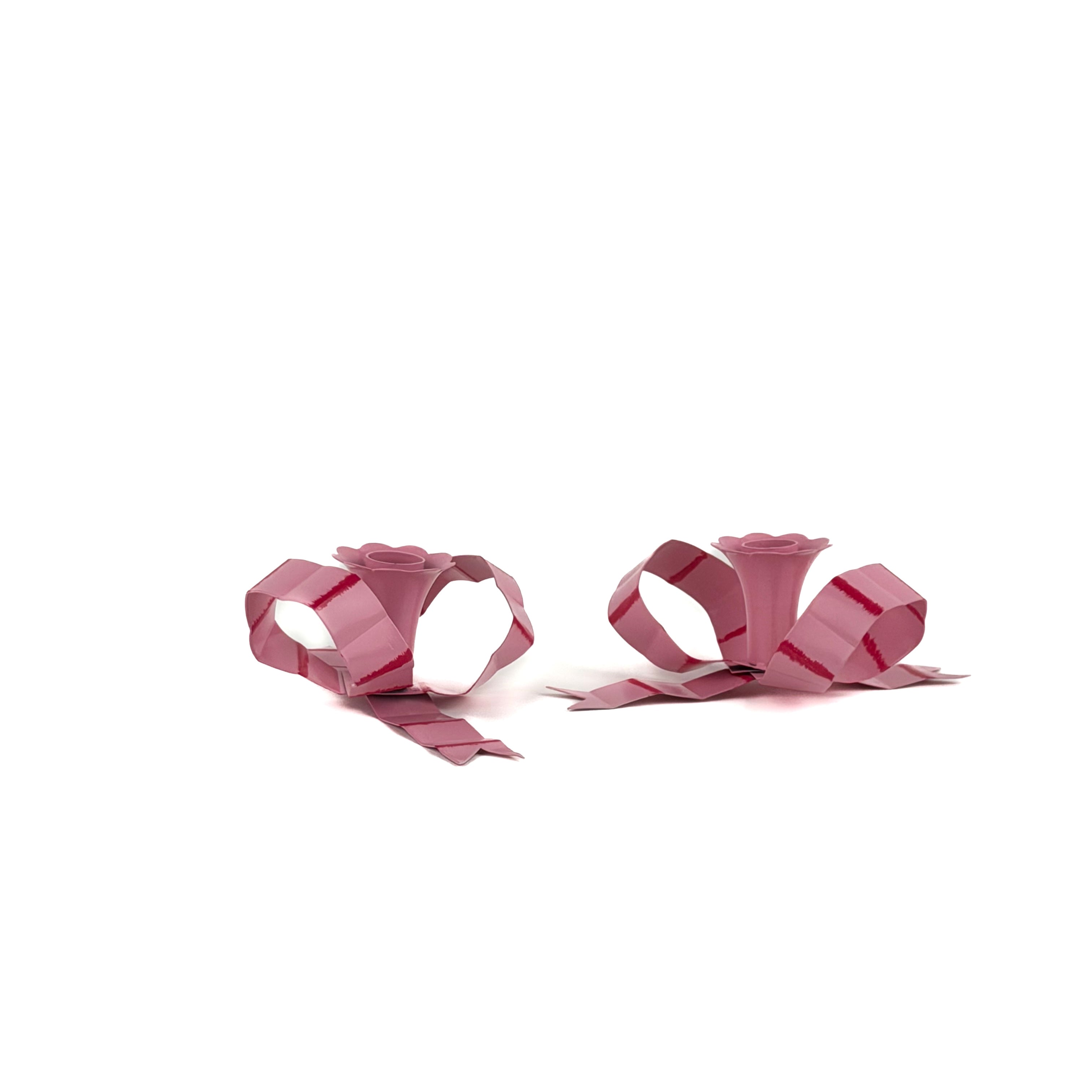 Hand-Painted Tole Metal Pink and Red Bow Candle Holders, Set of 2