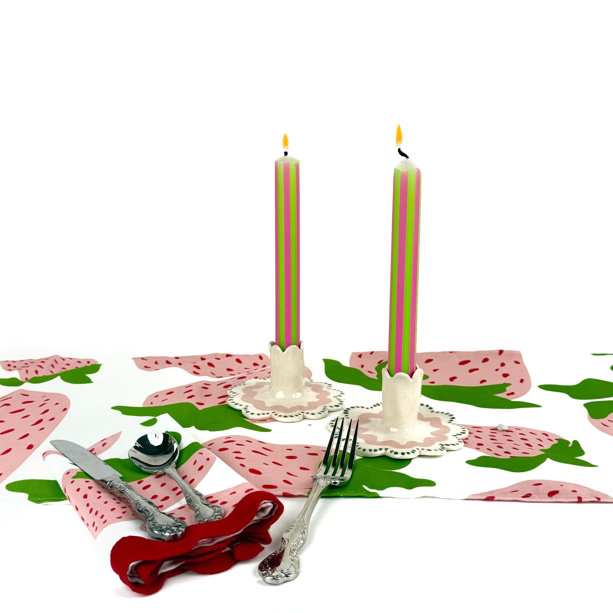 Green and Pink Pinstripe Taper Candles, Set of 4