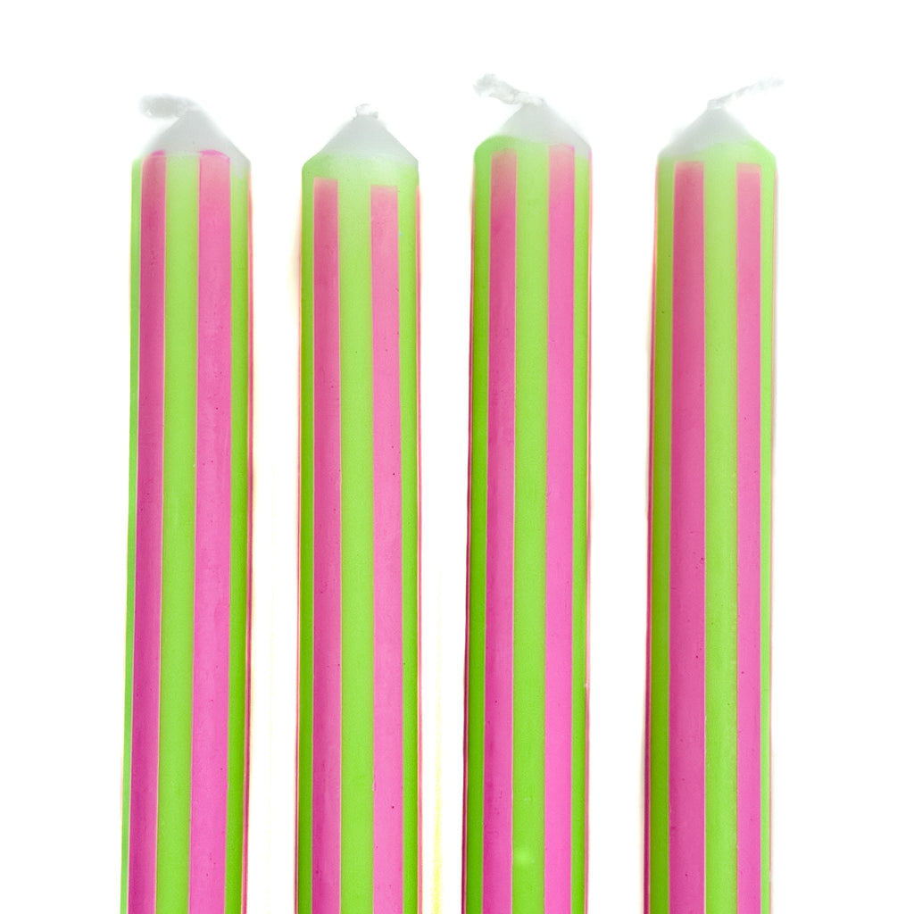 Green and Pink Pinstripe Taper Candles, Set of 4