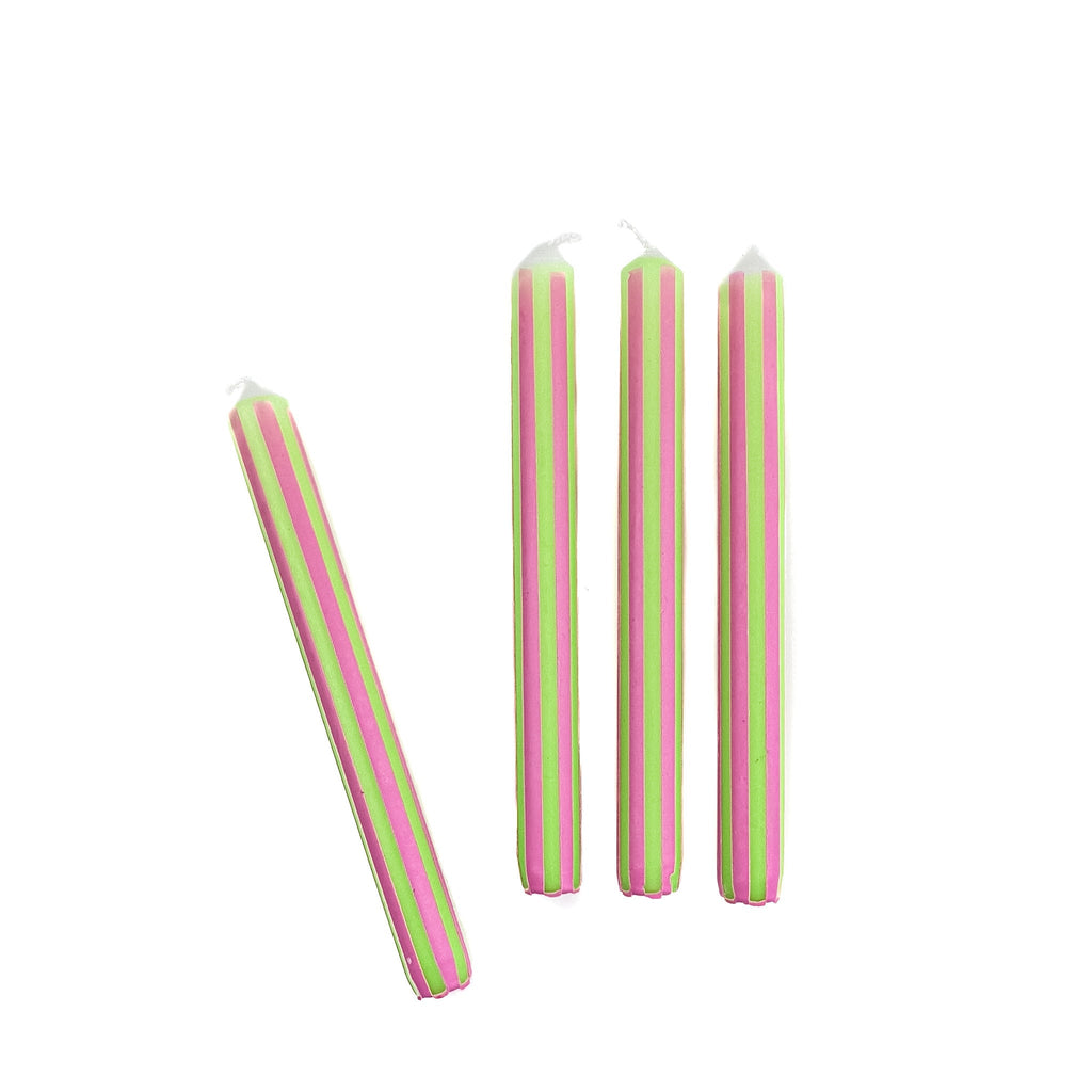 Green and Pink Pinstripe Taper Candles, Set of 4