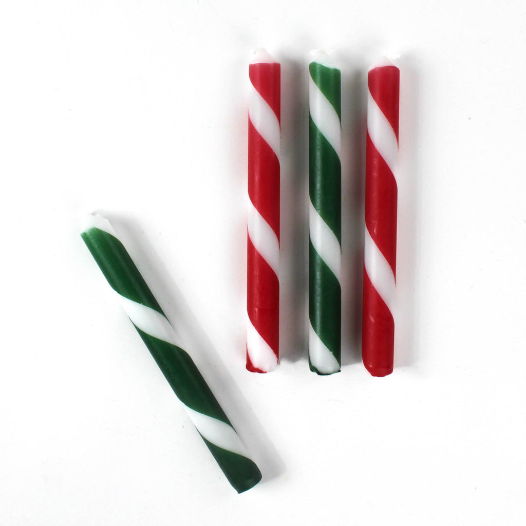 Red and Green Striped Taper Candles, Set of 4