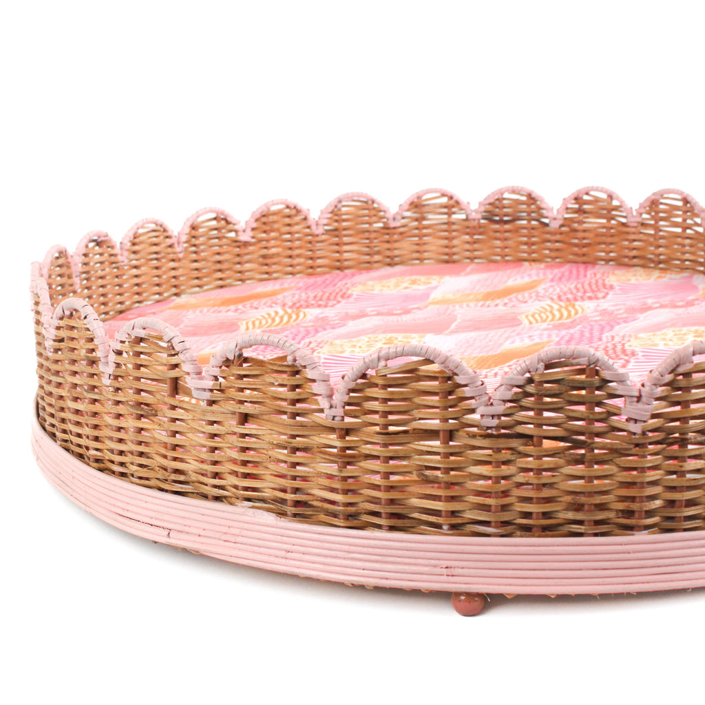 Scalloped Rattan Dog Bed - Pink