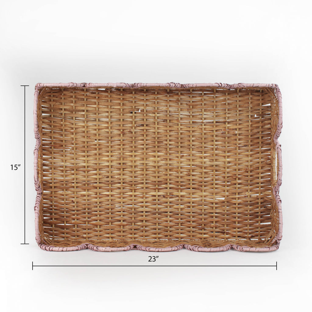 Scalloped Hand-Painted Rattan Tray With Bow - Pink