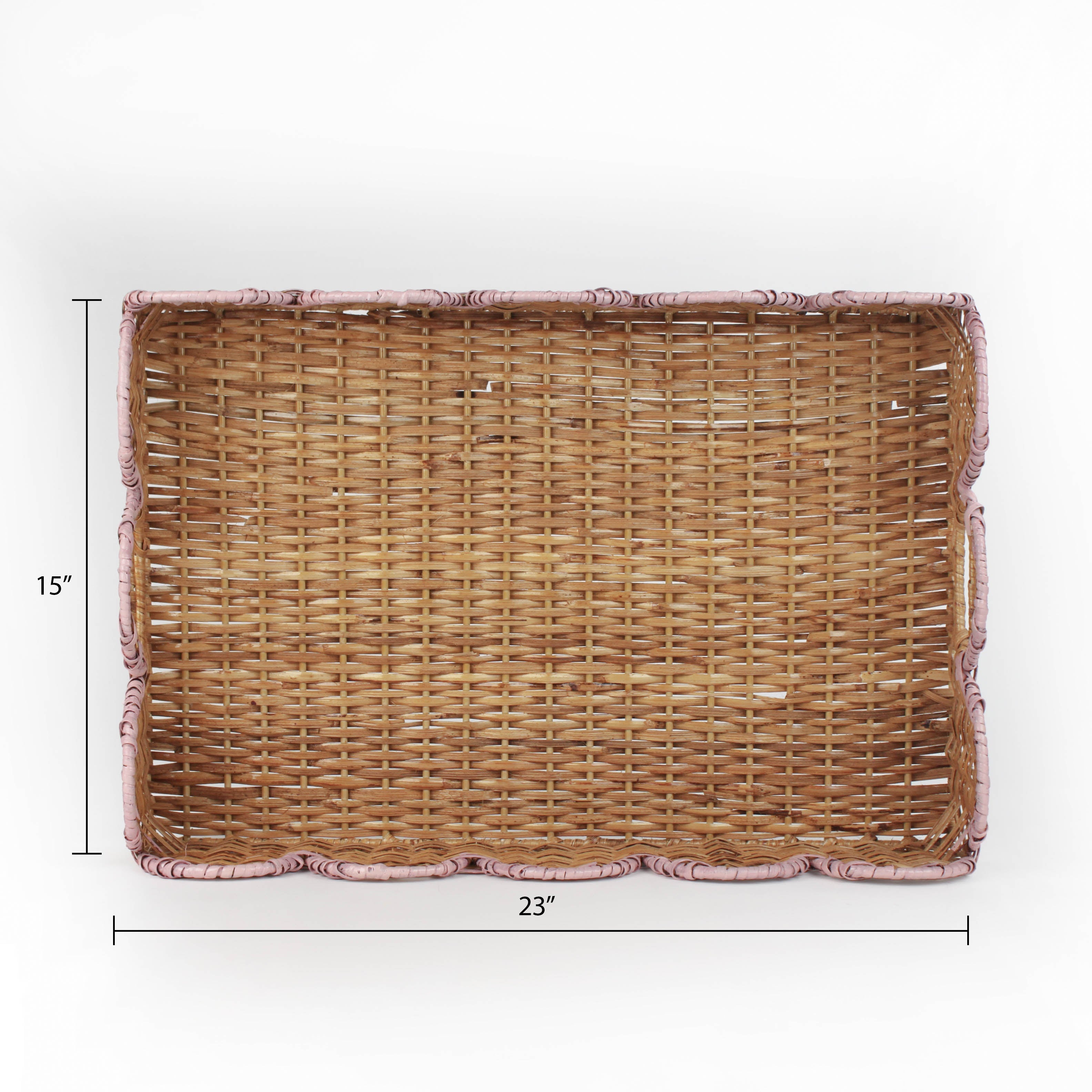 Scalloped Hand-Painted Rattan Tray With Bow - Pink