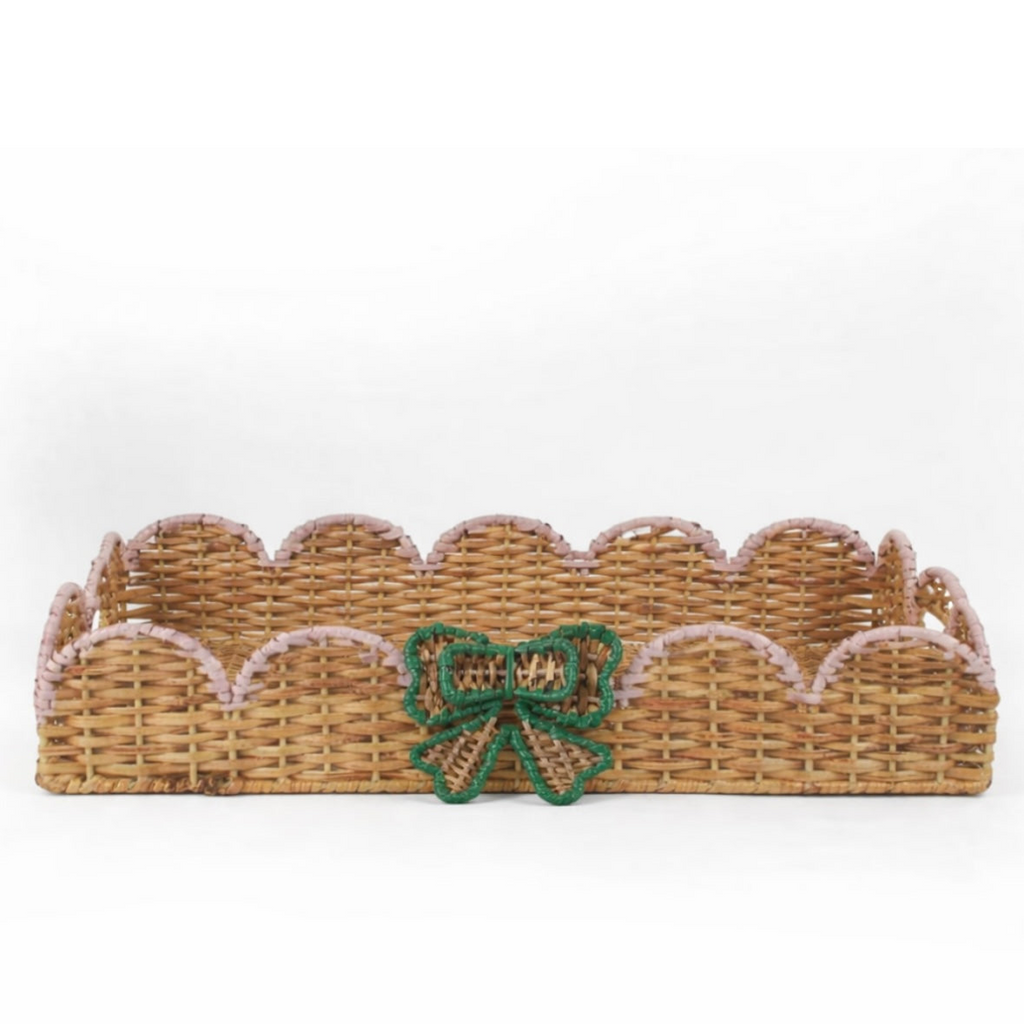 Scalloped Hand-Painted Rattan Tray With Bow - Pink