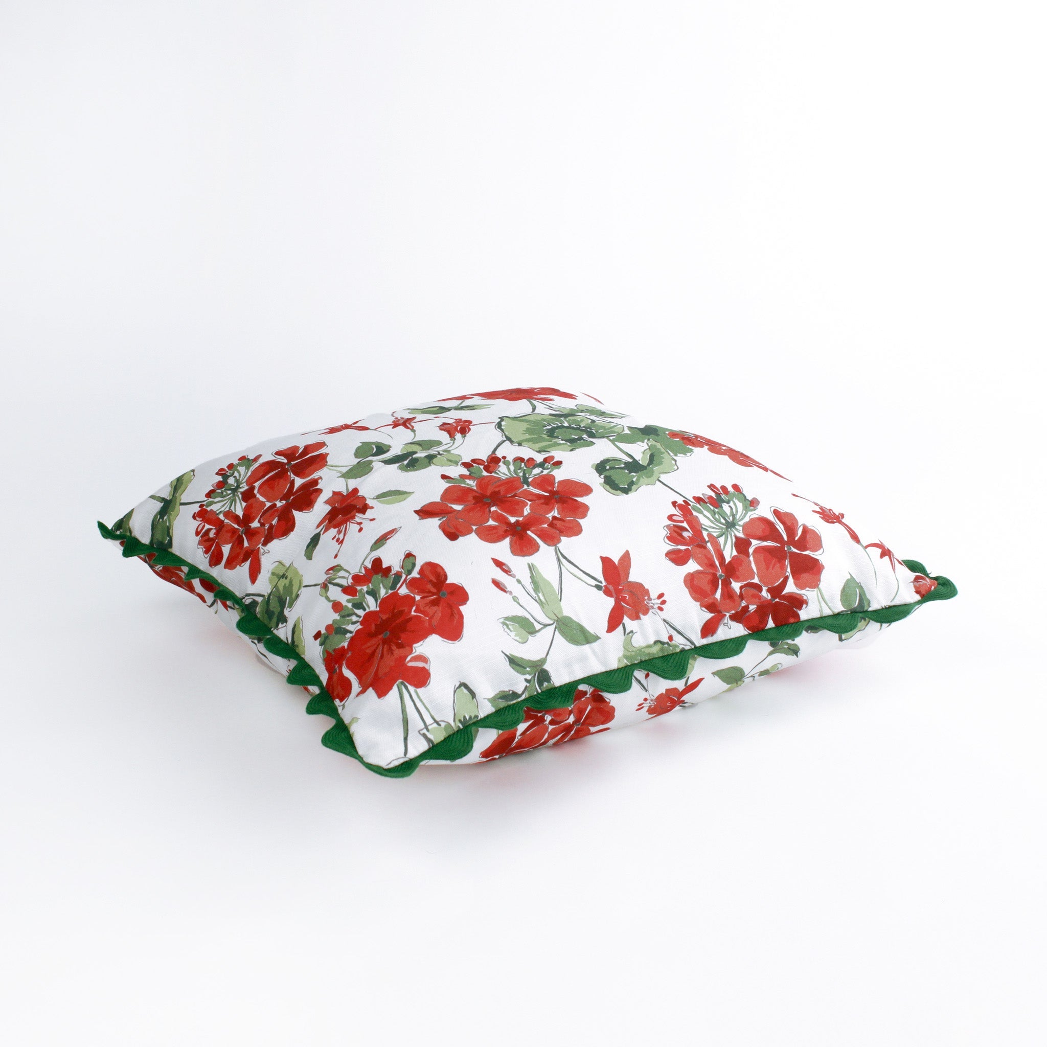 Cottage Grove Red Geranium Square Pillow with Ric Rac