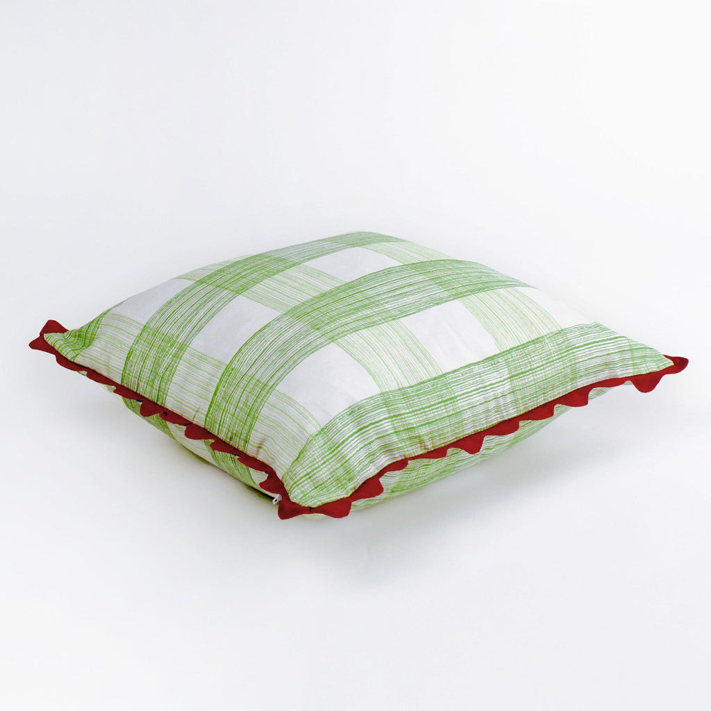 Gin Lane Green Gingham Square Pillow with Ric Rac
