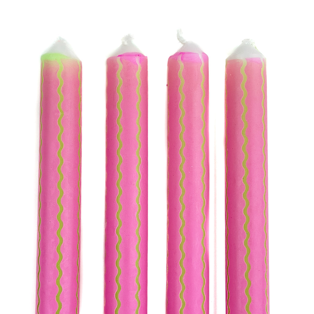 Pink and Green Ric Rac Stripe Taper Candles, Set of 4