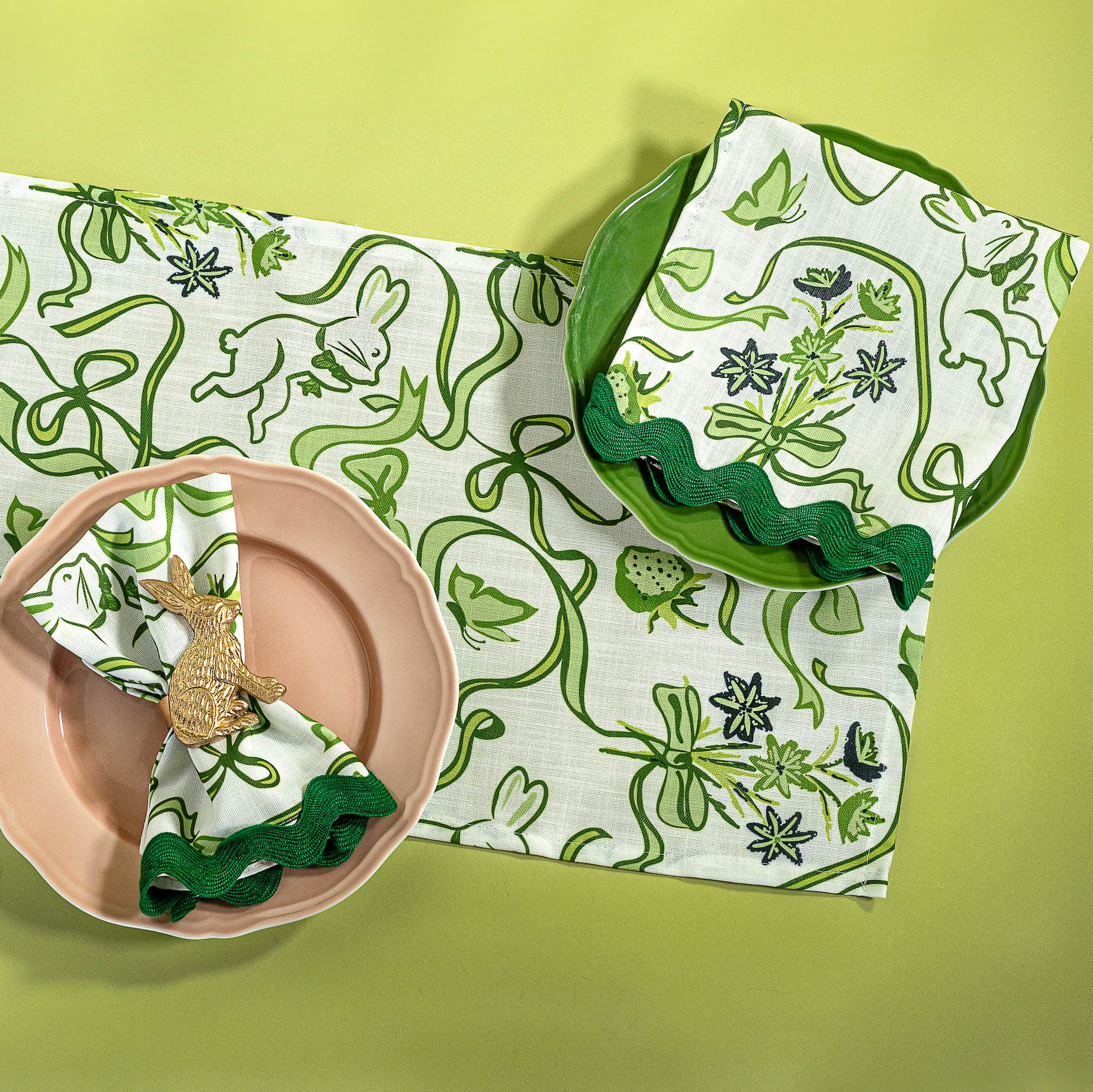 Bunnies and Bow Print Cloth Table Runner - Green
