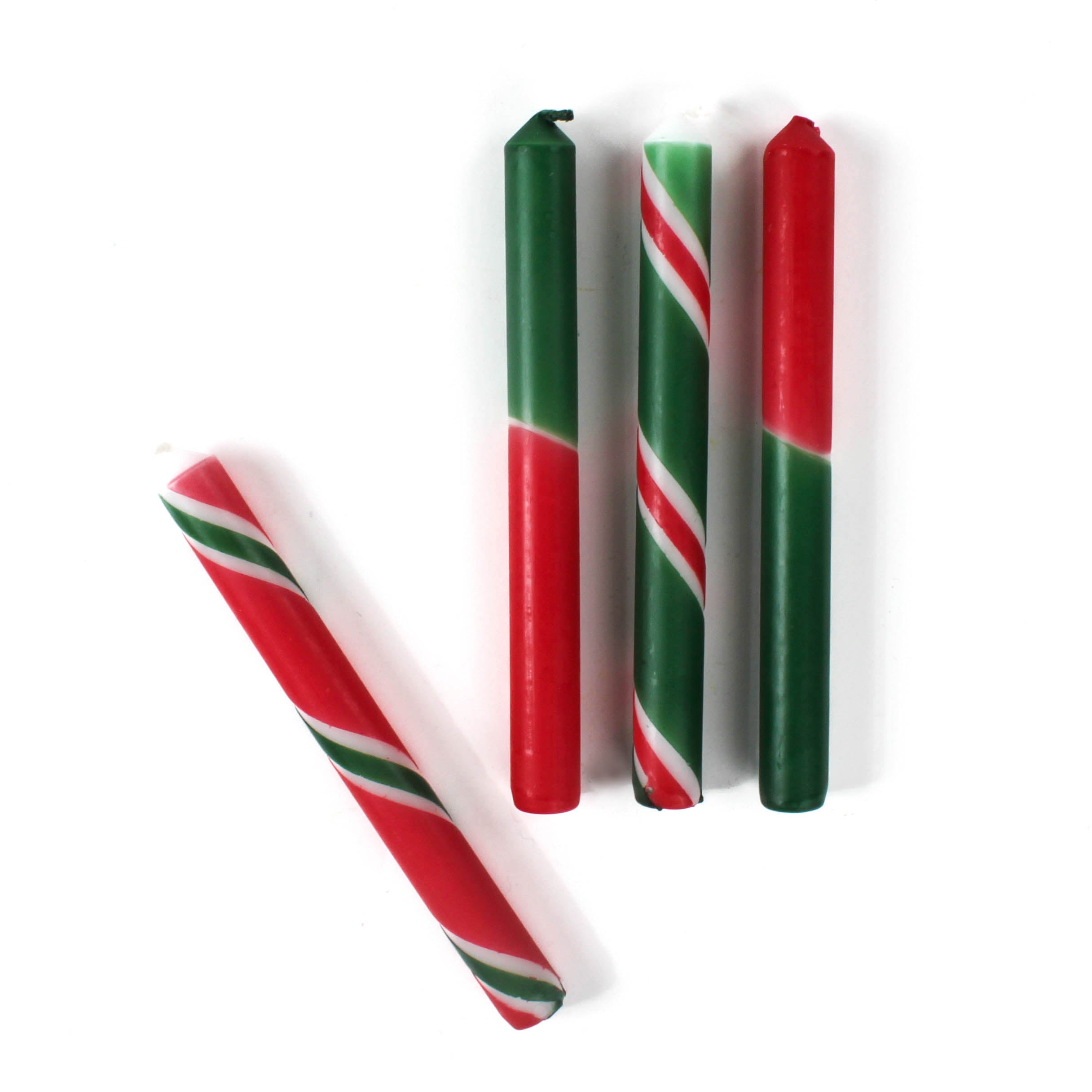 Red and Green Varied Stripes Taper Candles, Set of 4